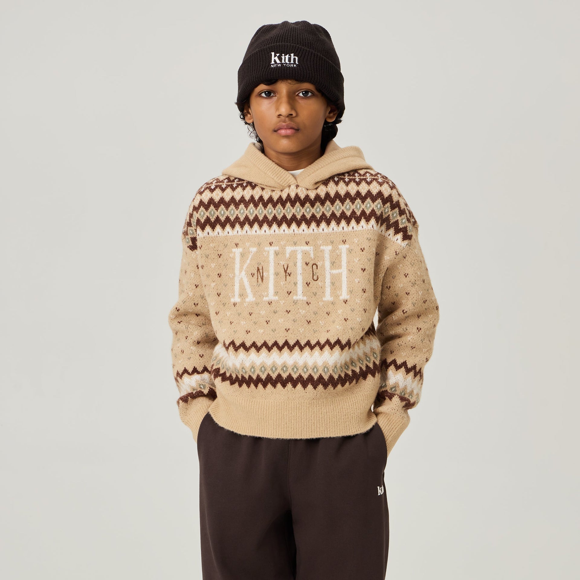 Kith Kids Novelty Fair Isle Nelson Hoodie Sweater - Mocha Heather