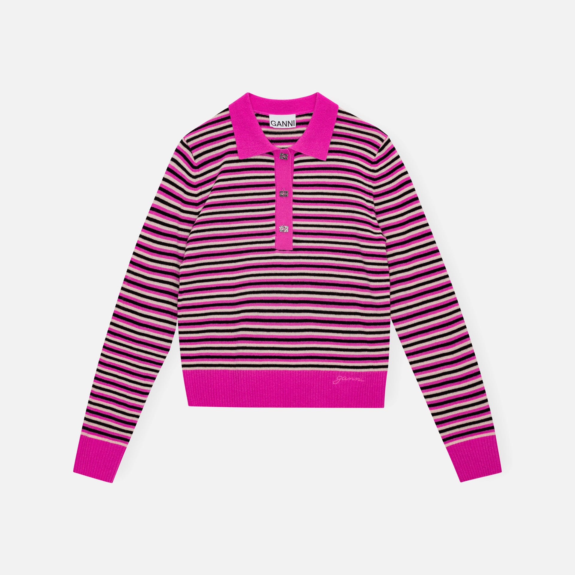 Ganni Cashmere Mix Long Sleeve Polo - Multi