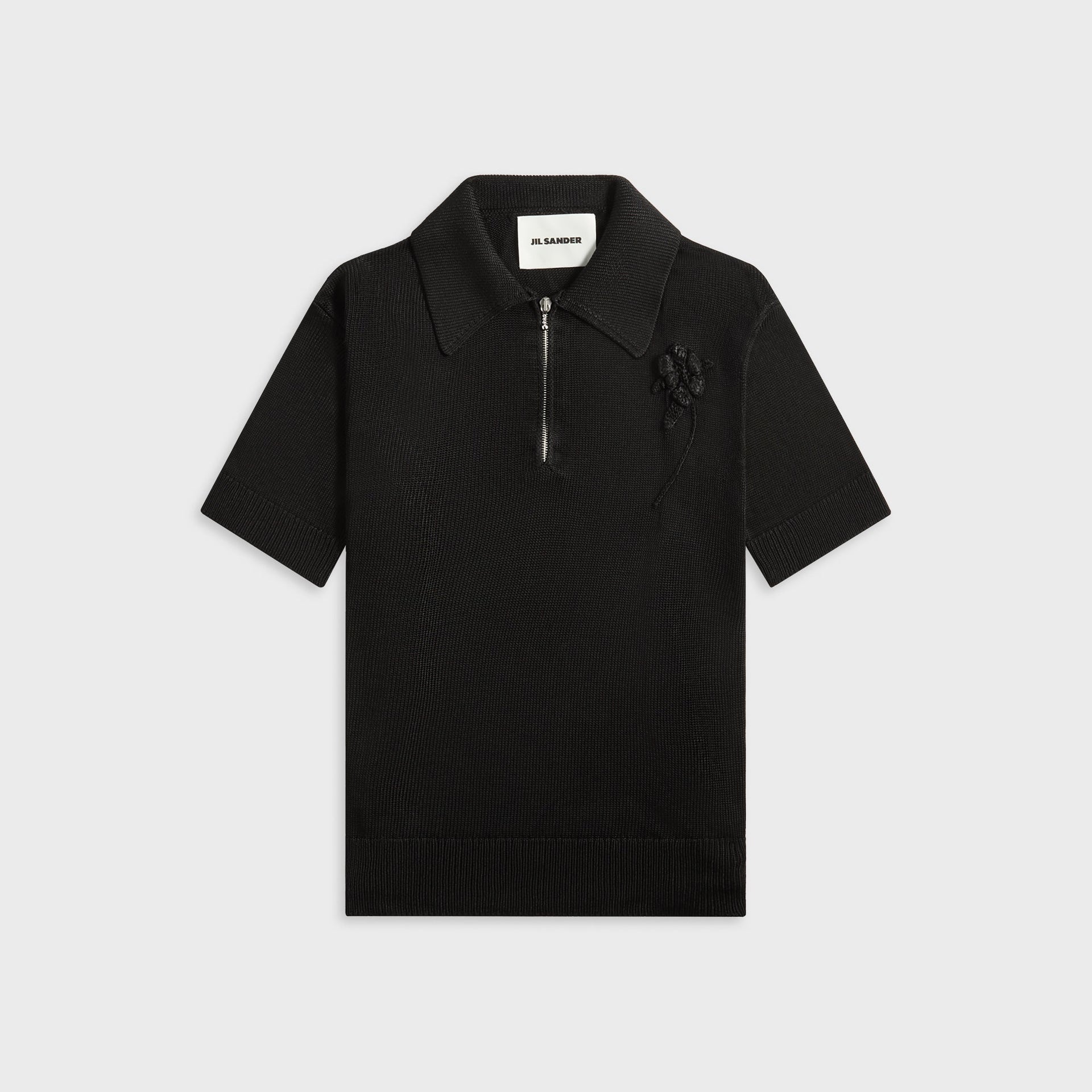 Jil Sander Knitted Polo Shirt With Crochet Flower in Black