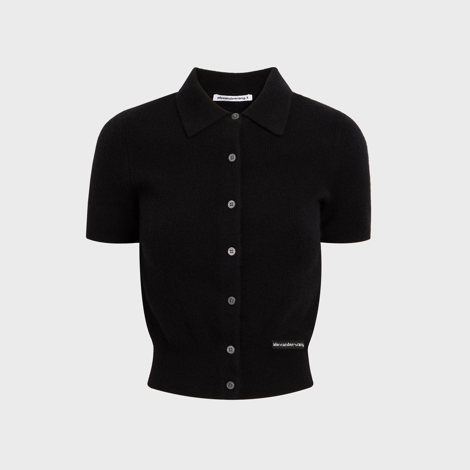 T by Alexander Wang Short Sleeve Polo Cardigan with Knit Logo Patch in Black
