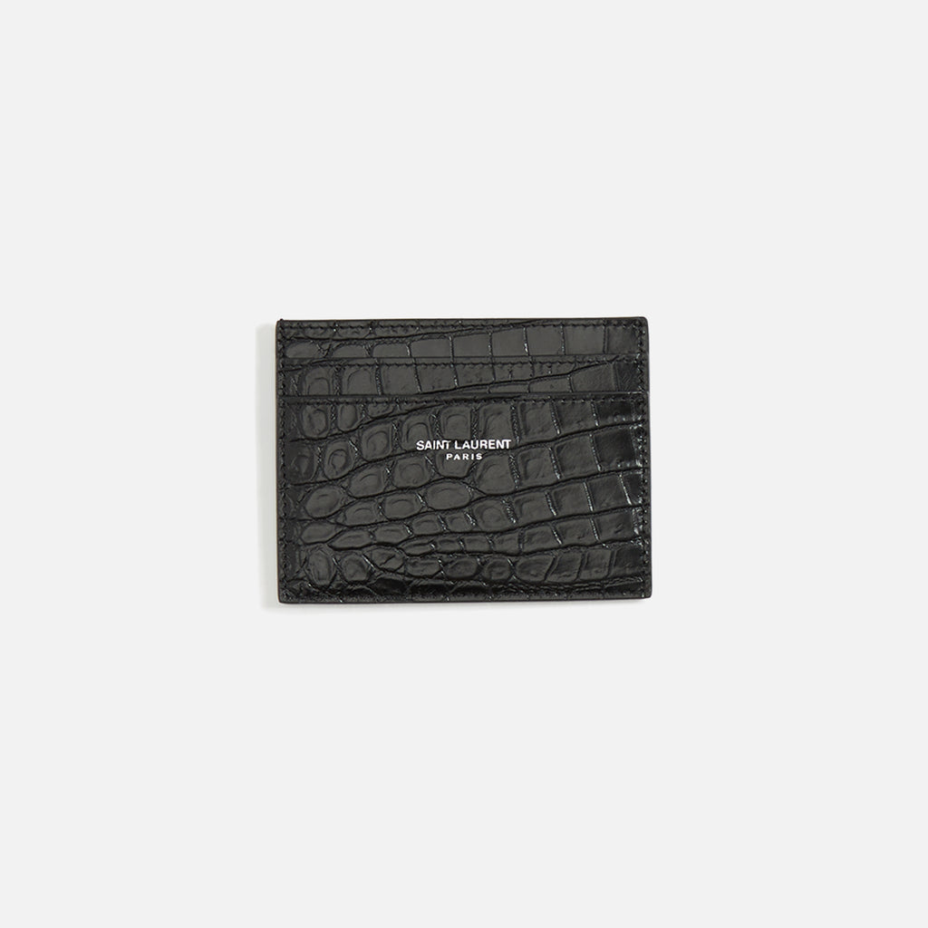 Saint Laurent Monogram Credit Card Wallet Crocodile Embossed Leather Black  for Men