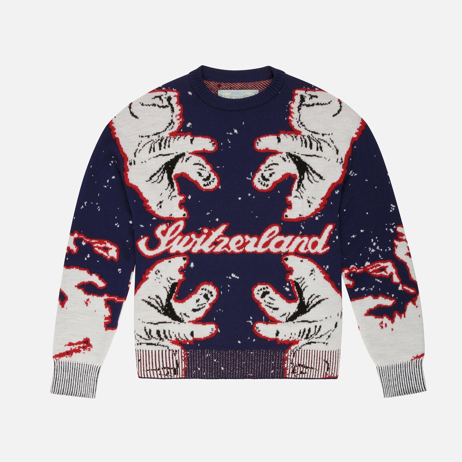 Bally Bear Merino Wool Crew Neck Sweater - Navy / Bone