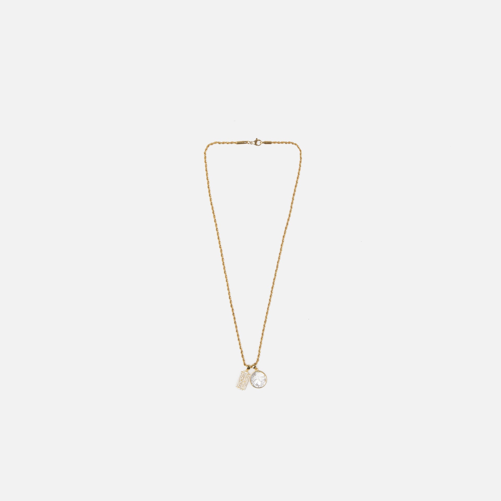 Fallon Rope Chain Necklace w/ Razor Blade and Mother of Pearl Angel