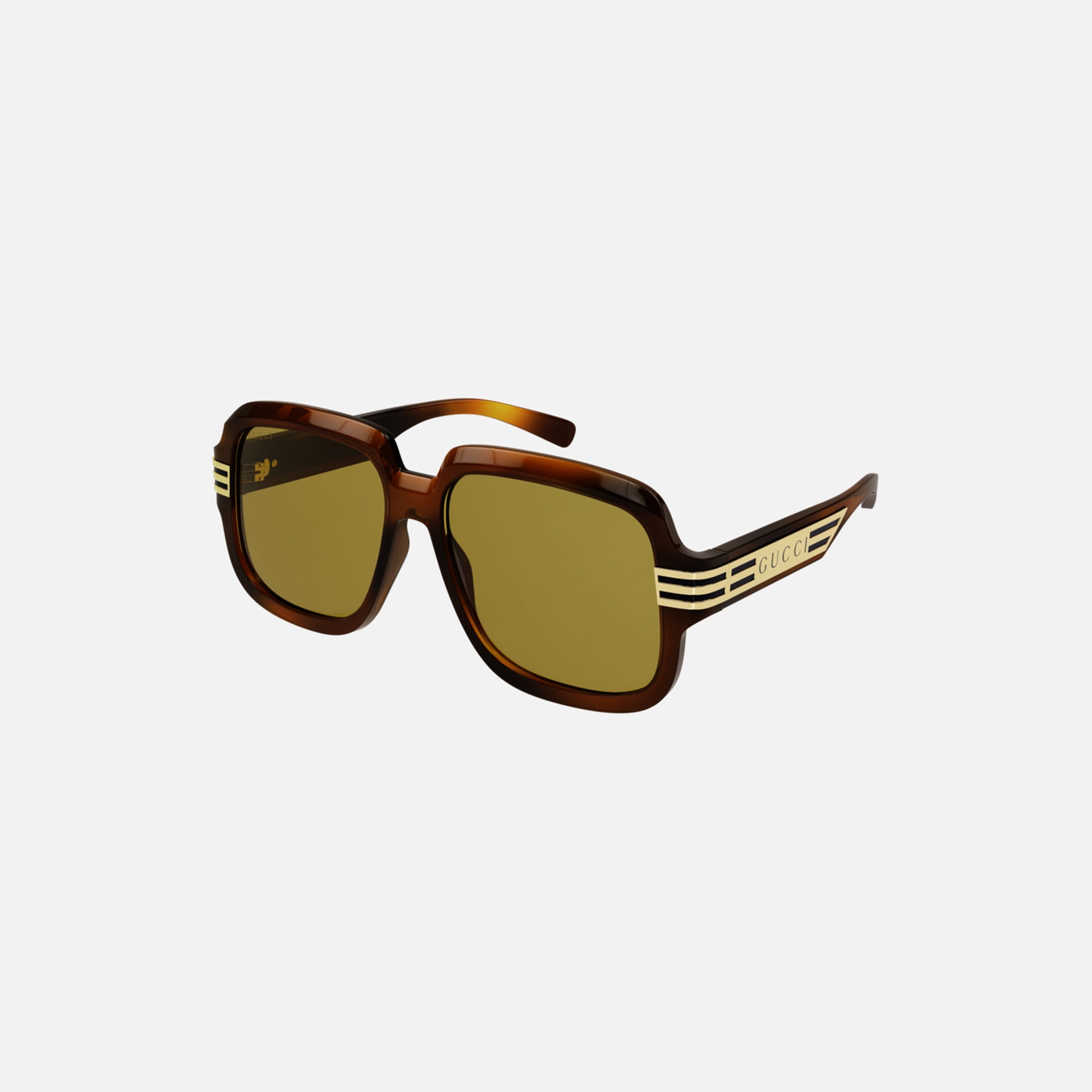 Gucci Eyewear Oversized Yellow Lens Tort Frame Gold Arm Detail