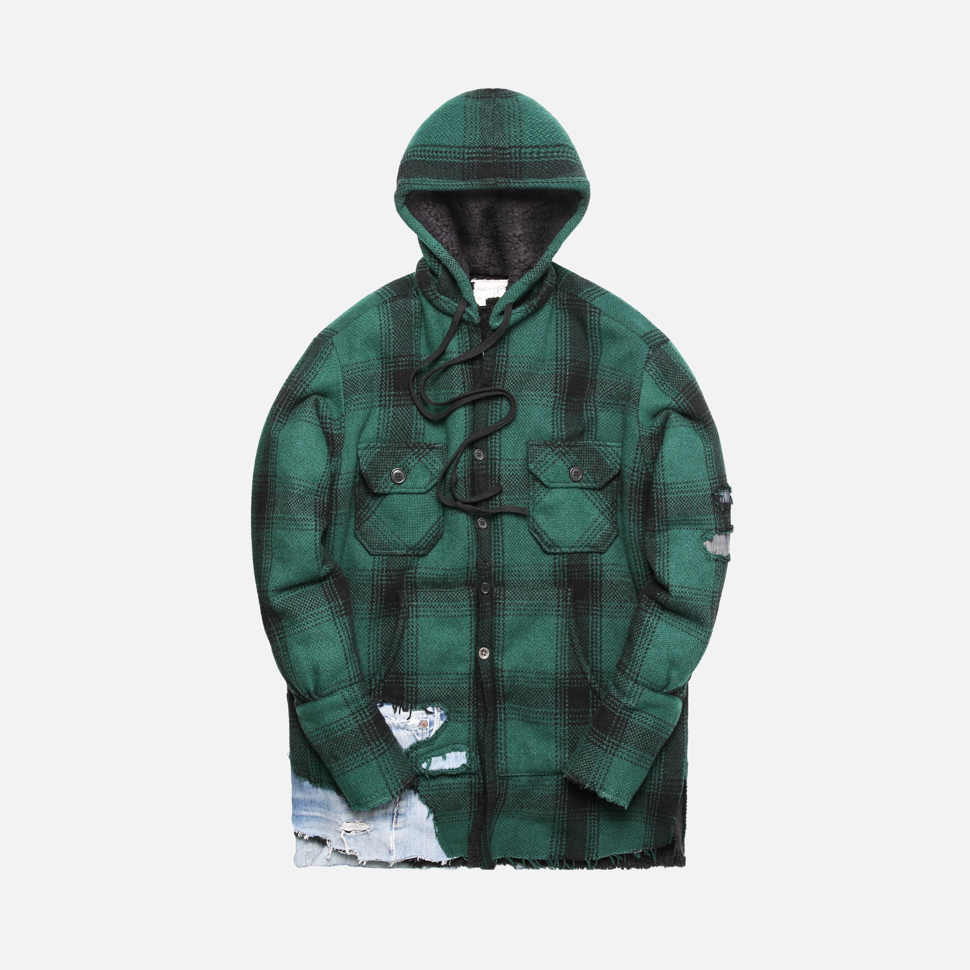 Greg Lauren Hunter Black Sherpa Lined Baja Studio Hoodie - Green / Black