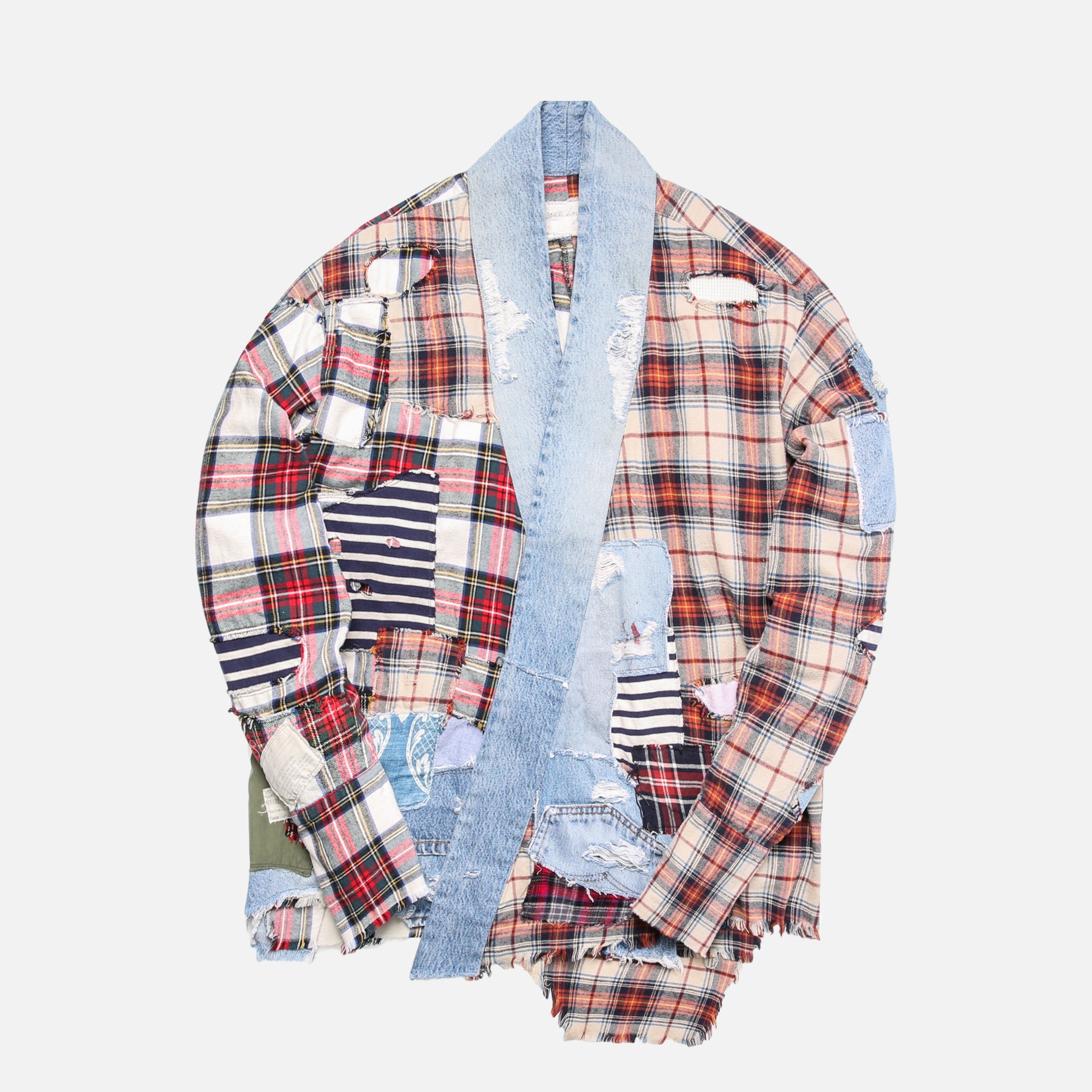 Greg Lauren Patchwork Plaid Vintage Denim Stripe GL1 Shirt - Red / Navy