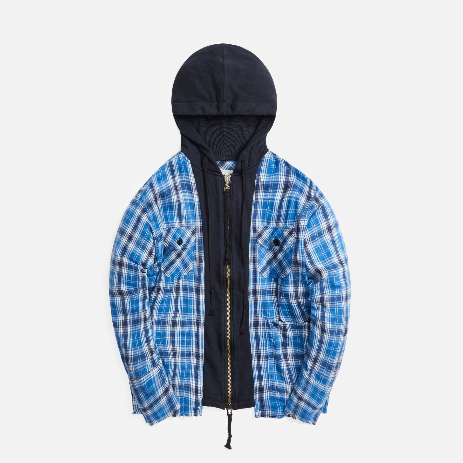Greg Lauren Blue Moon Hoodie Front Boxy - Blue Plaid