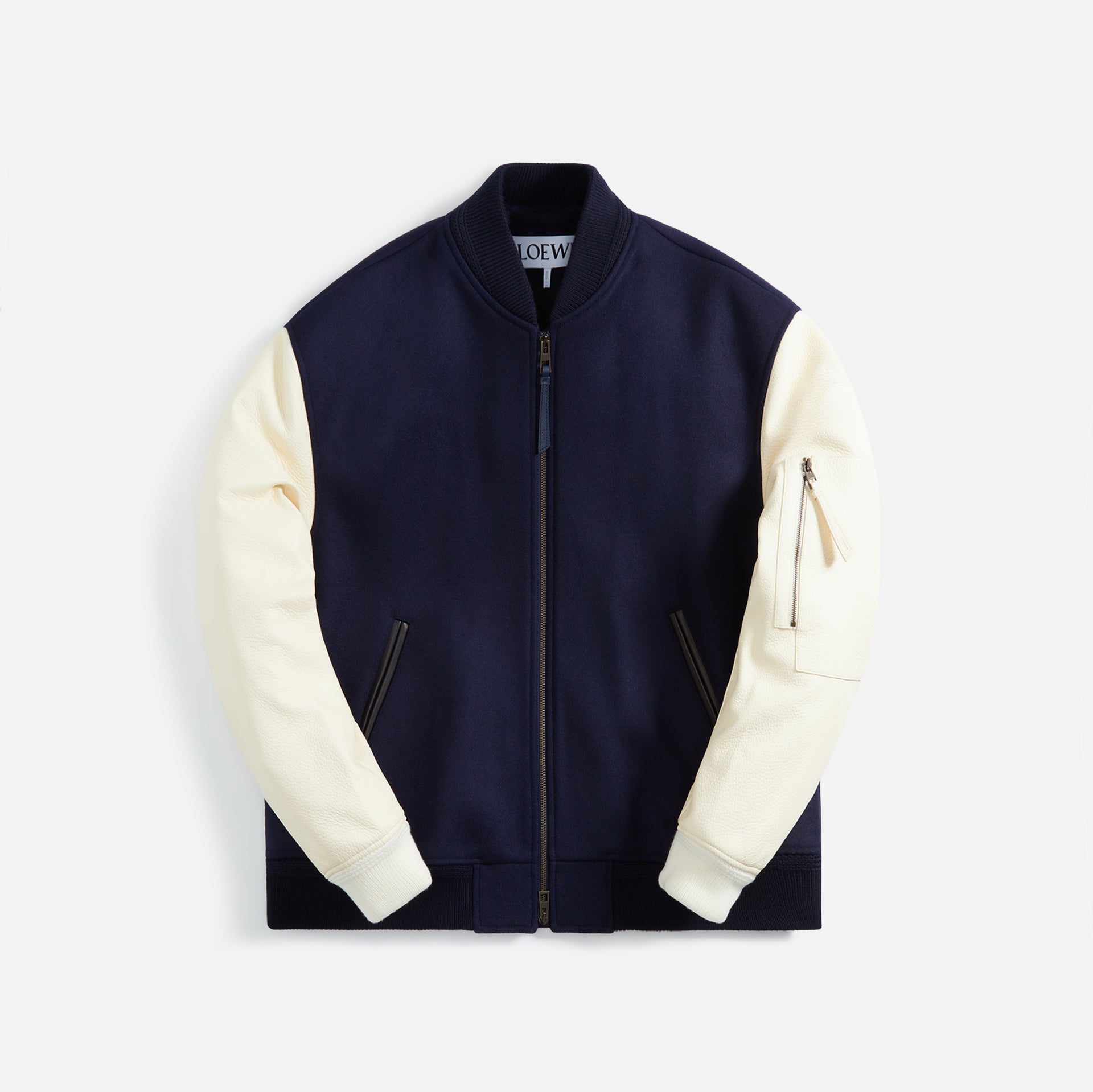 Loewe Leather Sleeve Bomber Jacket - Navy / Cream