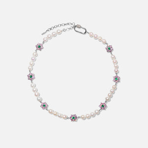 VEERT Pink & Green Flower Stone Freshwater Pearl Necklace - White Gold