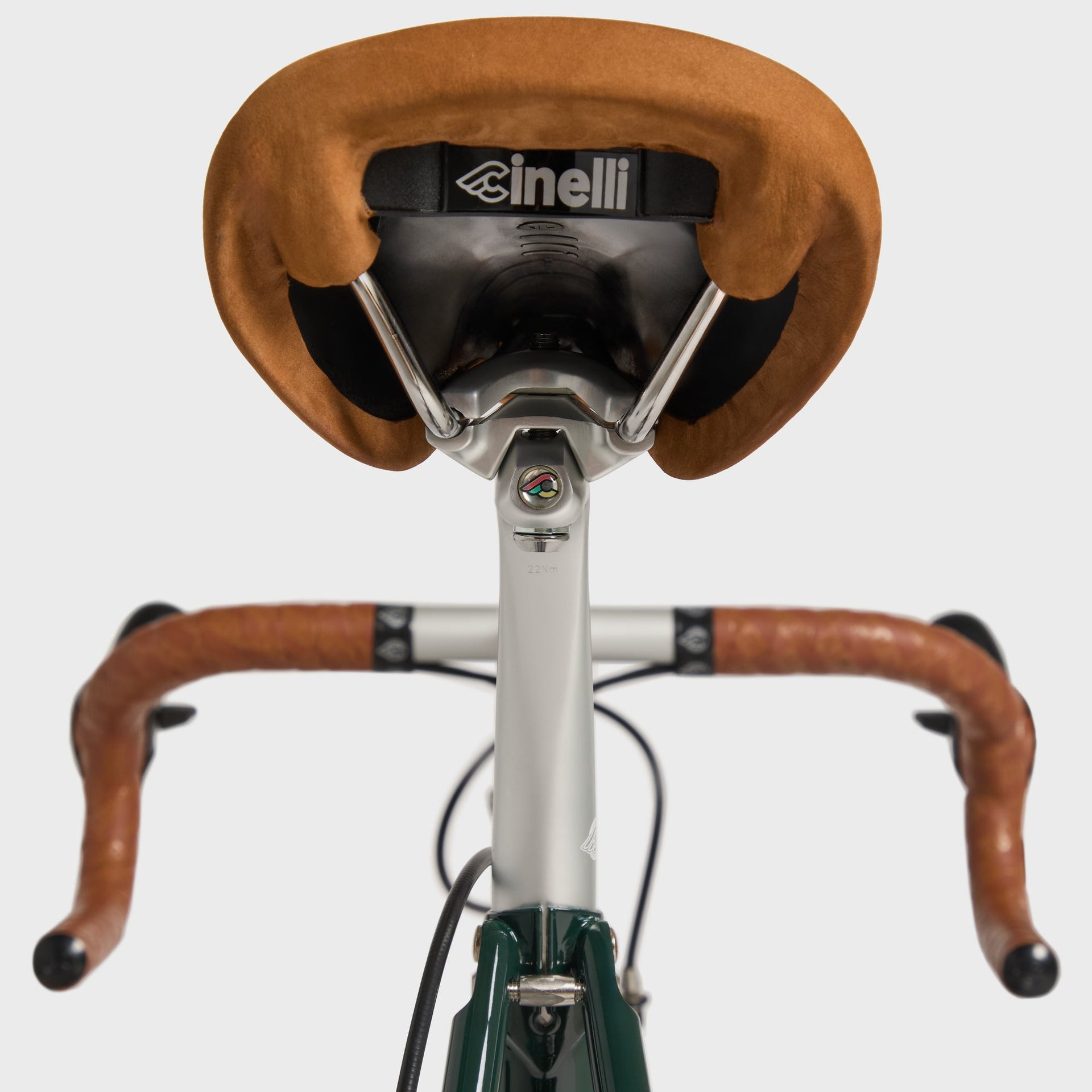 Kith for Cinelli Supercorsa Stadium bike, rear view of the suede Cinelli saddle and clamp above the tan-taped drop bars
