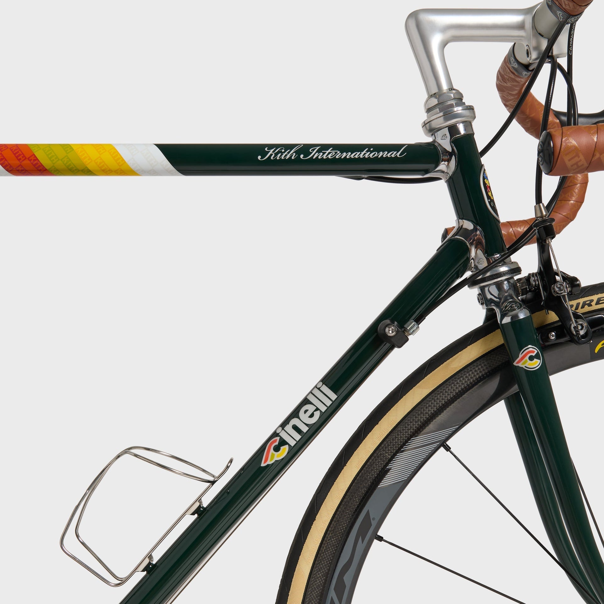 Kith for Cinelli Supercorsa Stadium bike, non-drive-side front triangle with rainbow Kith International decal and Cinelli logo
