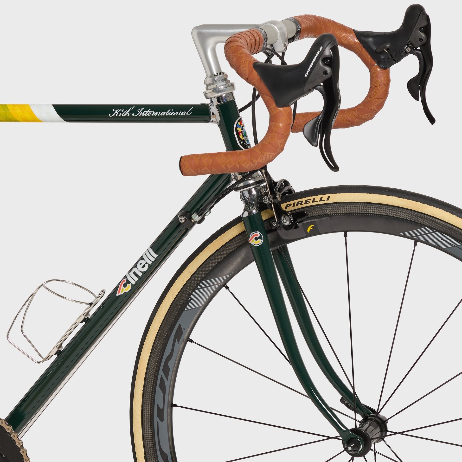 Kith for Cinelli Supercorsa Stadium bike, drive-side head tube and cockpit with Kith International top tube and Cinelli down tube