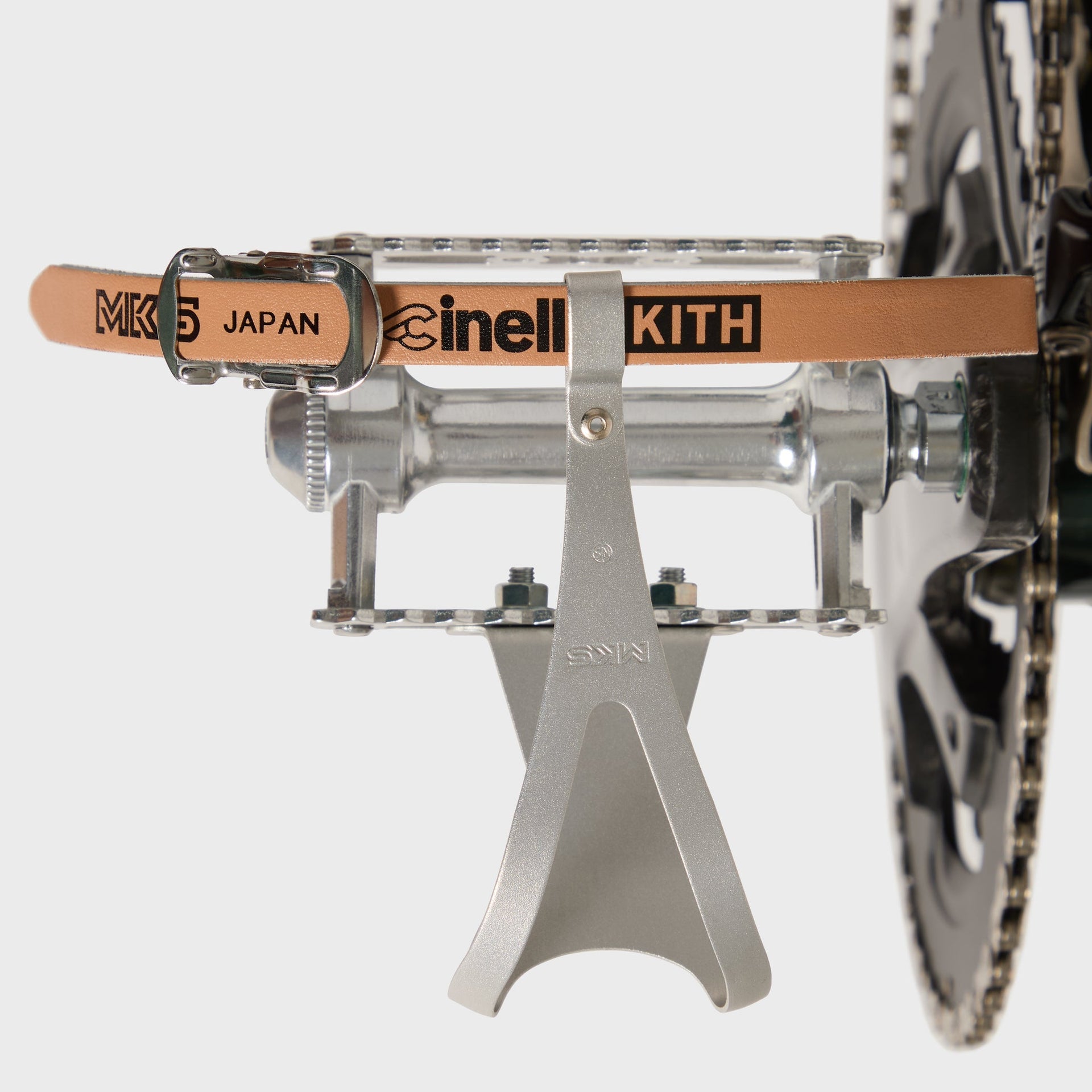 Kith for Cinelli Supercorsa Stadium bike, silver MKS pedal with Cinelli x Kith leather toe strap and polished front hub