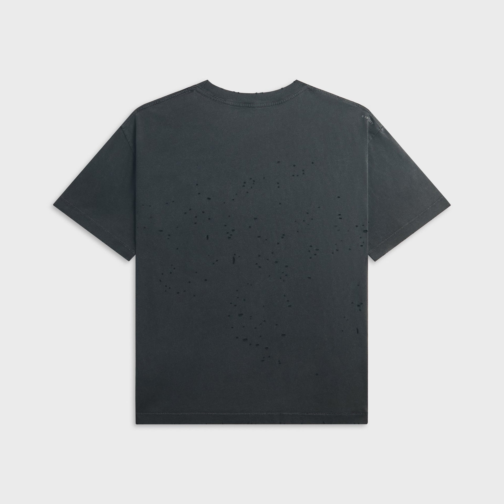Back of the aged black Satisfy MothTech tee showing scattered distressed moth holes