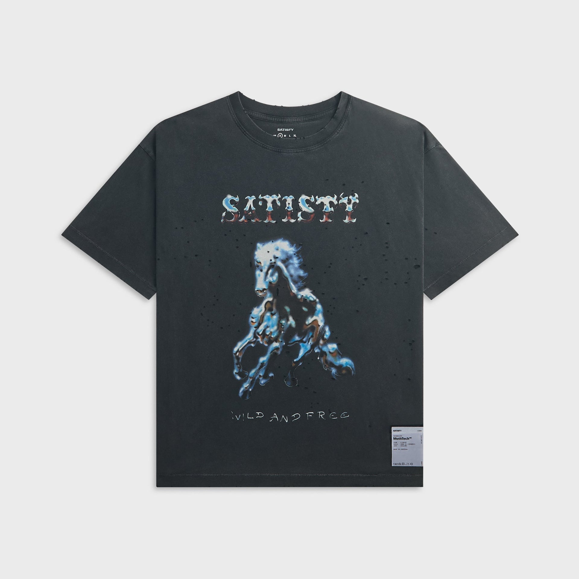 Satisfy MothTech tee in aged black with distressed holes, a chrome galloping horse and SATISFY / WILD AND FREE text, front view