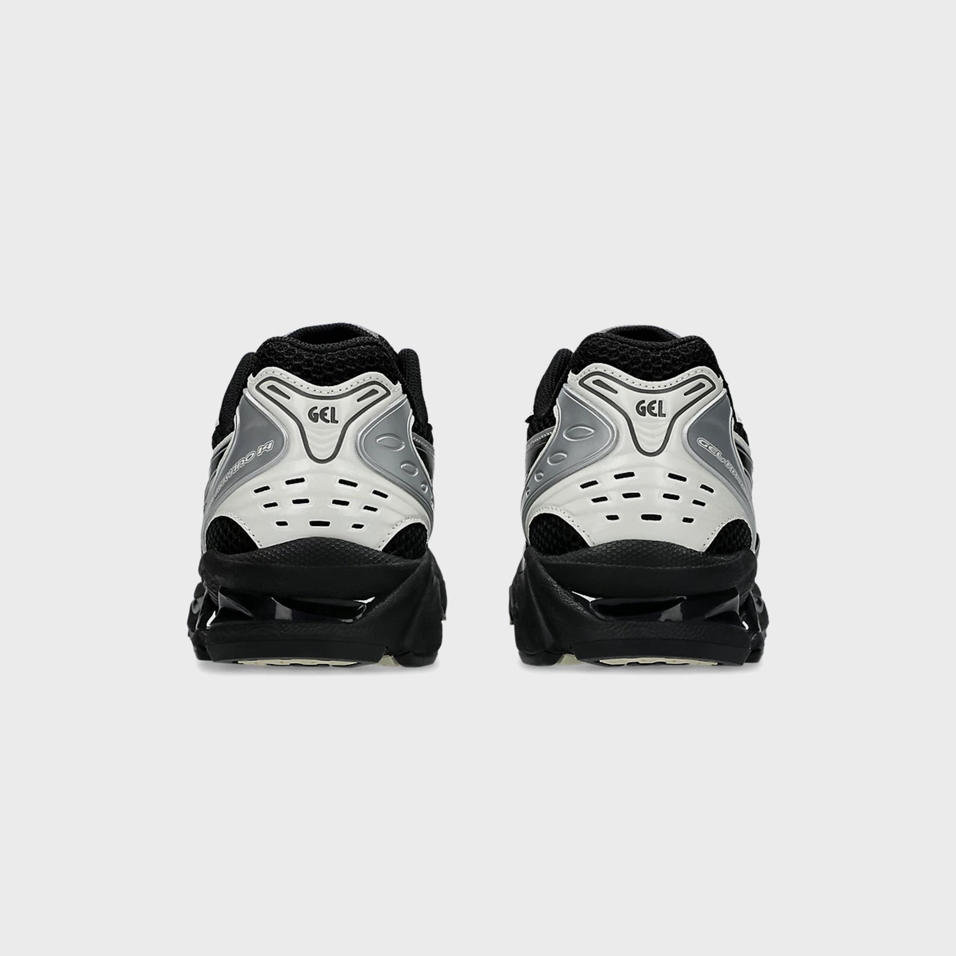 ASICS GEL-KAYANO 14 in Black and Cream, back heel view showing GEL cushioning unit