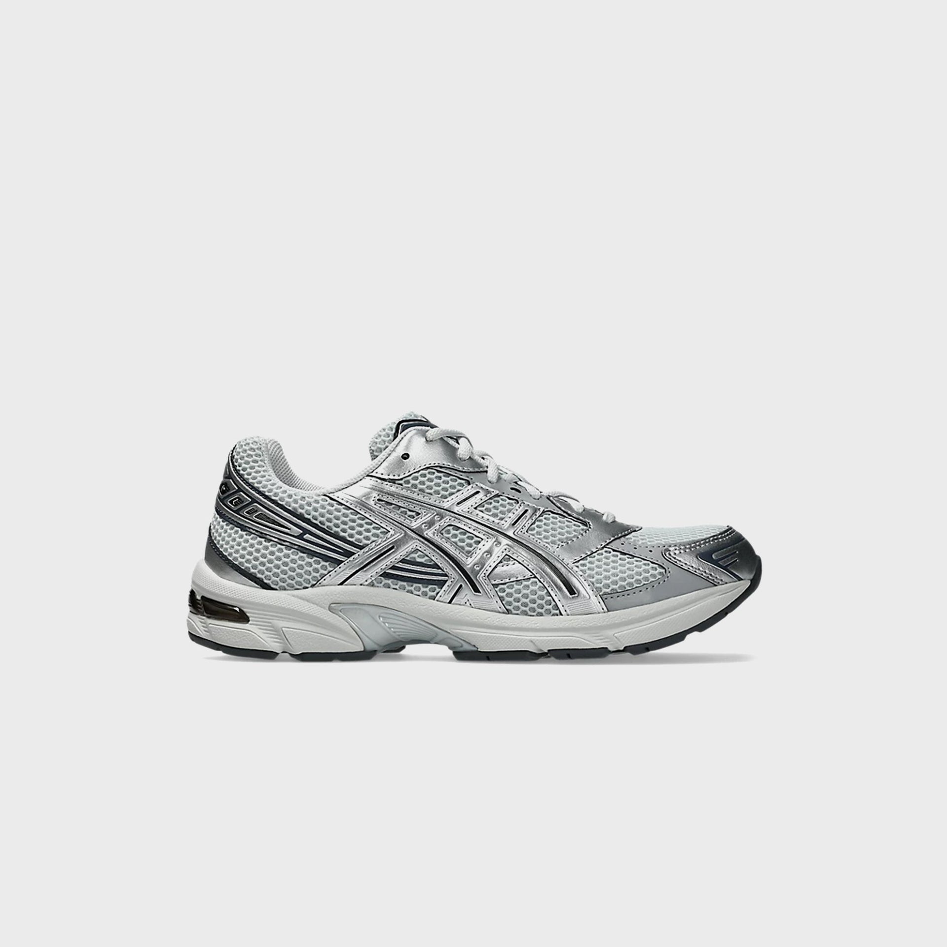 ASICS GEL-1130 sneaker in Glacier Grey and Pure Silver, lateral side profile with metallic overlays and stripes
