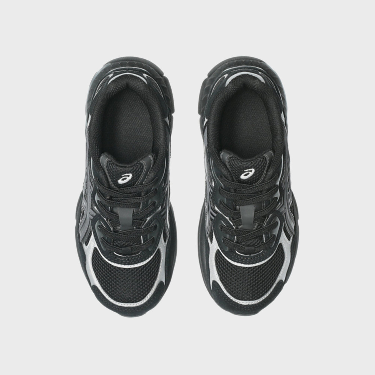 ASICS PS GEL-NYC black and silver sneakers, top-down view of pair with laces and black interior