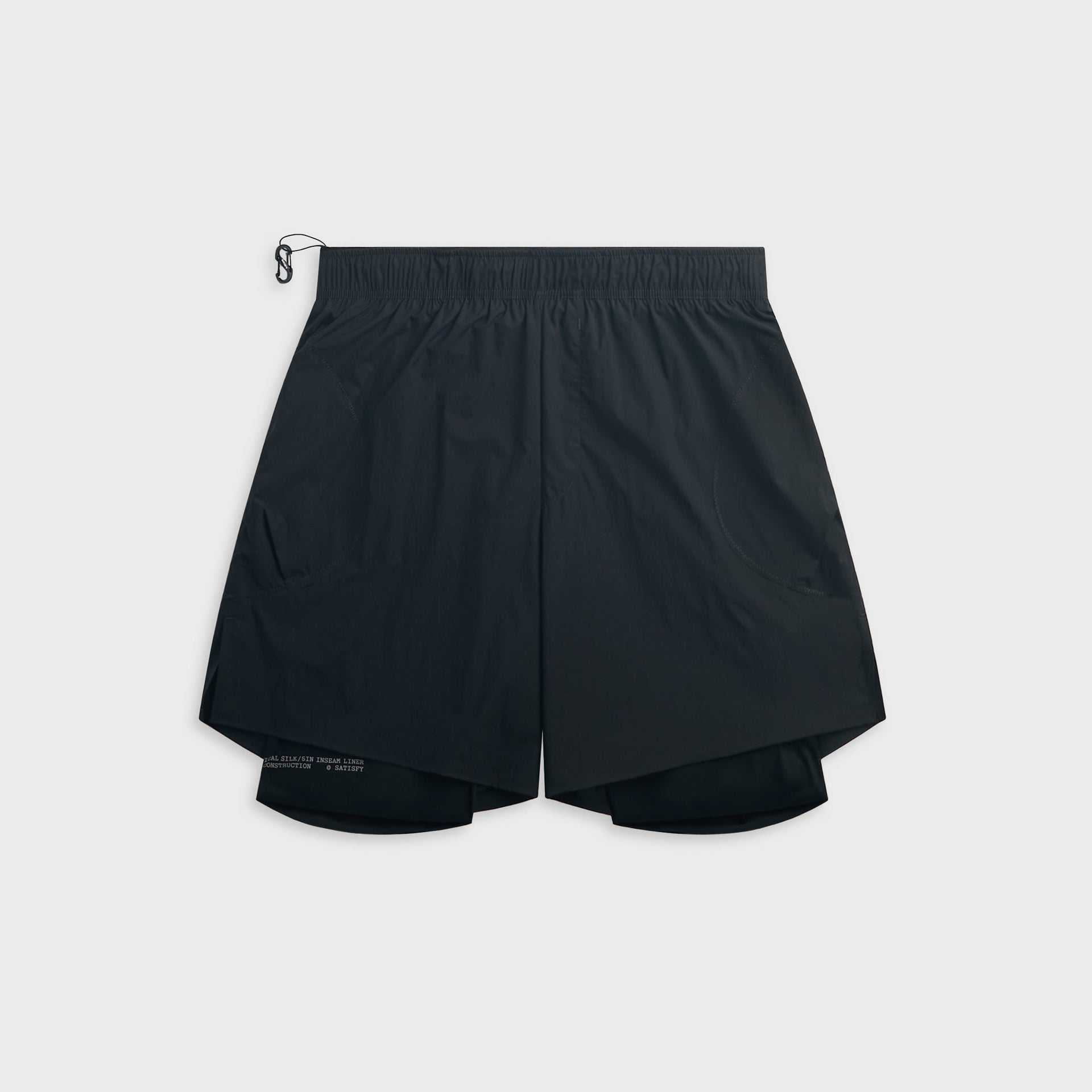 Satisfy Rippy Cordura trail short in black, front view with a layered inner liner, elastic waistband and carabiner drawcord
