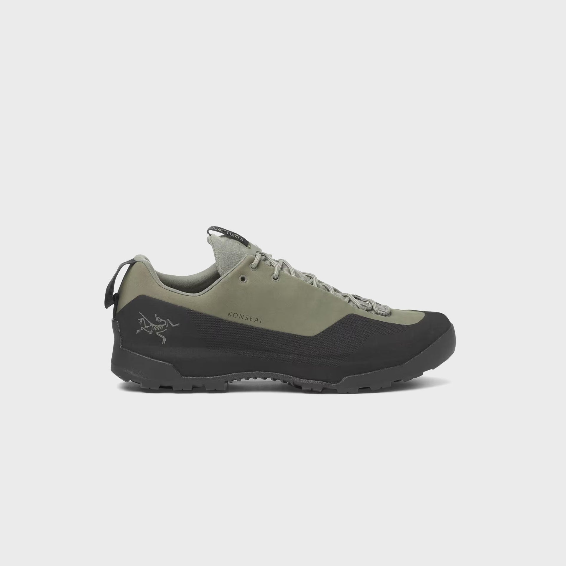 Arc'teryx Konseal approach shoe in forage green with black toe rand, lateral side view