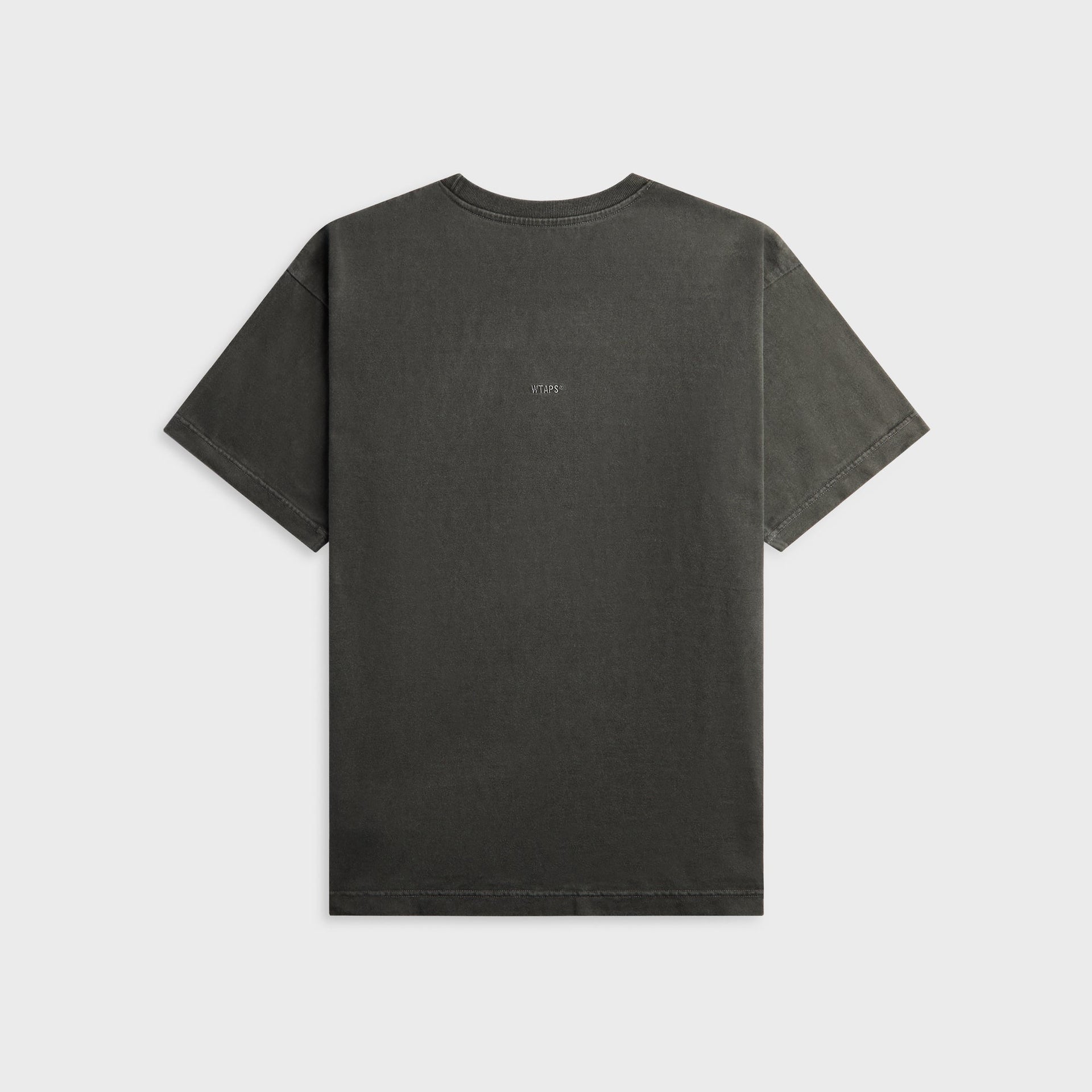 WTAPS Sign-OD faded black tee, back view with small centered logo print, flat lay