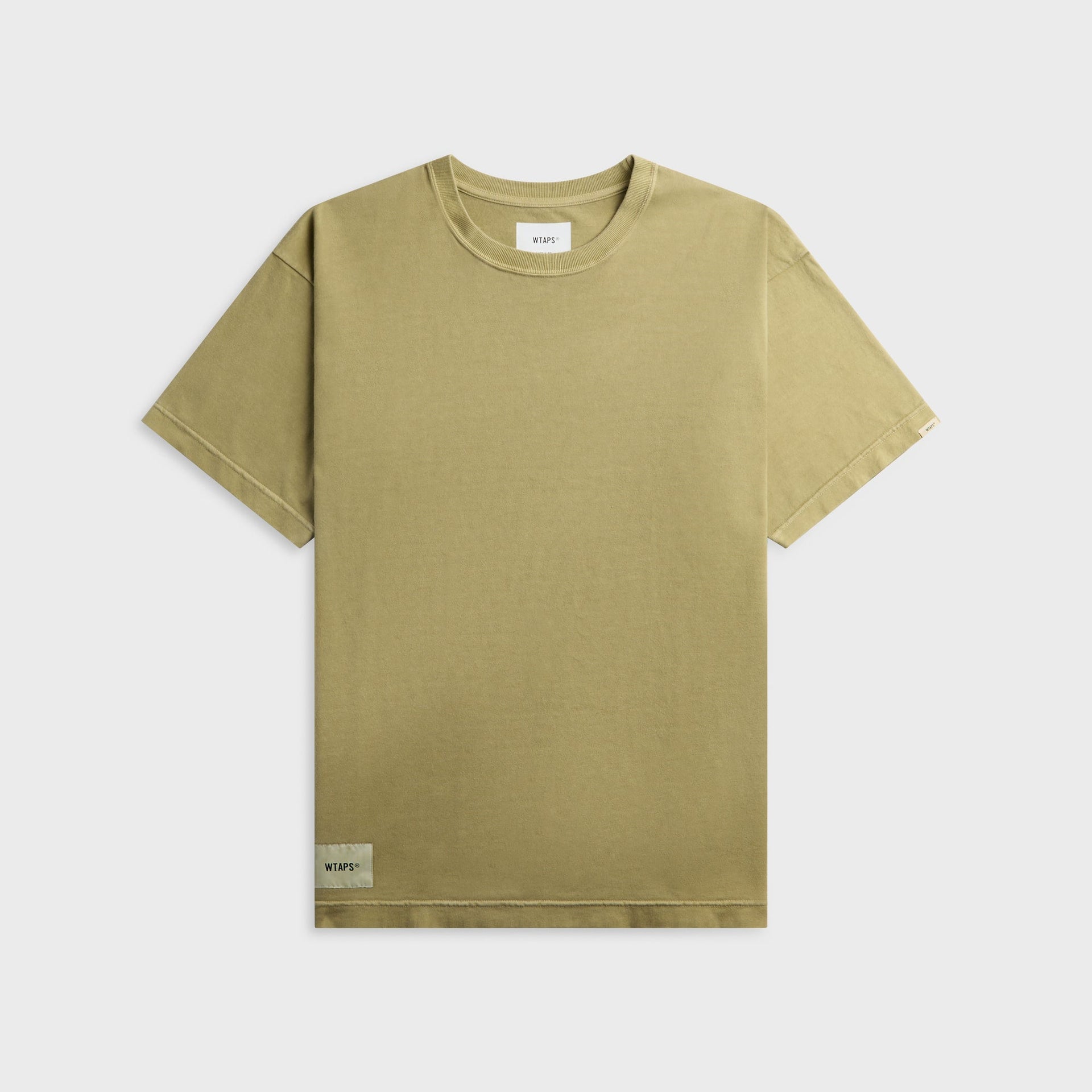 WTAPS Sign-OD short sleeve cotton tee in faded olive drab with small chest logo label, front view, flat lay