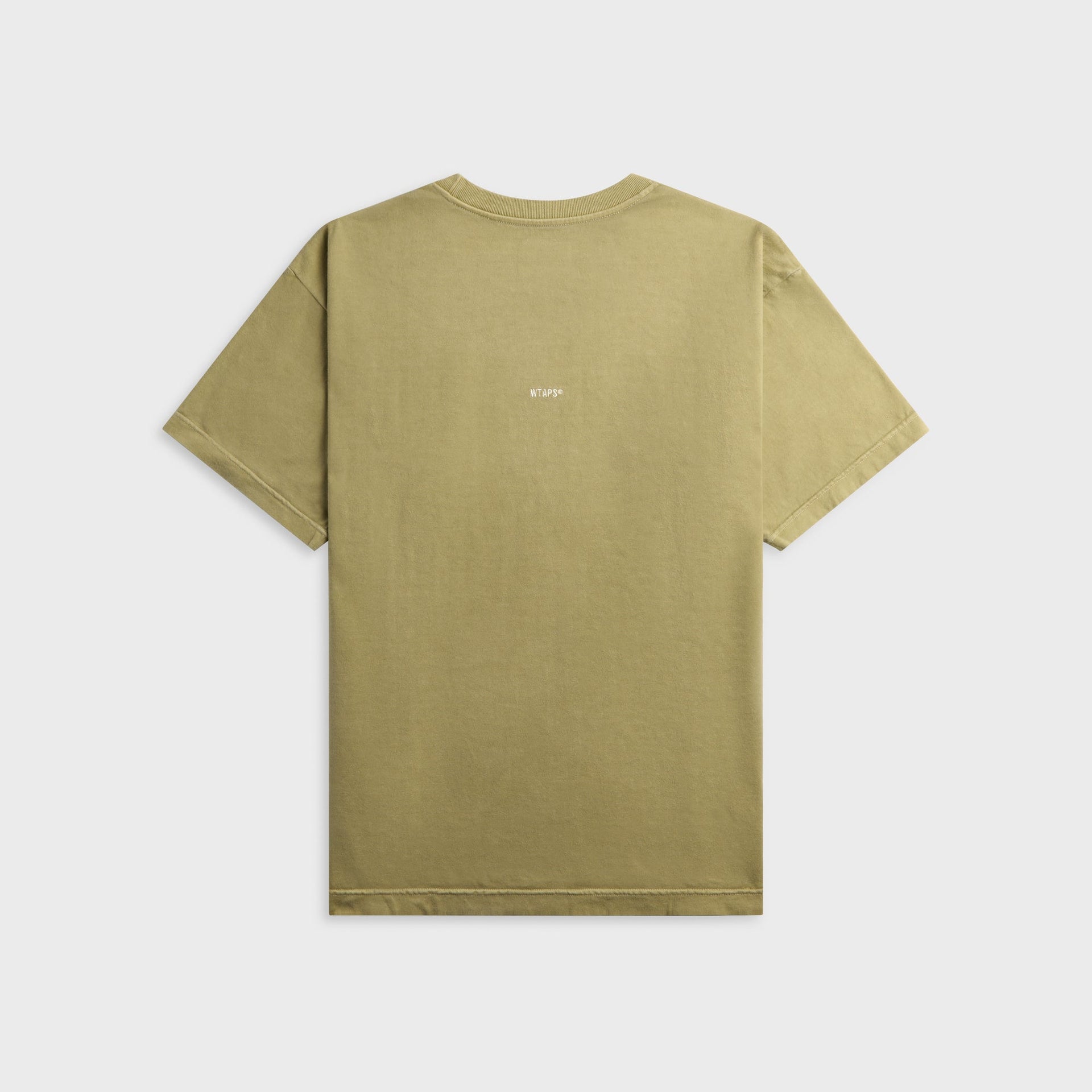 WTAPS Sign-OD faded olive drab tee, back view with small centered logo print, flat lay