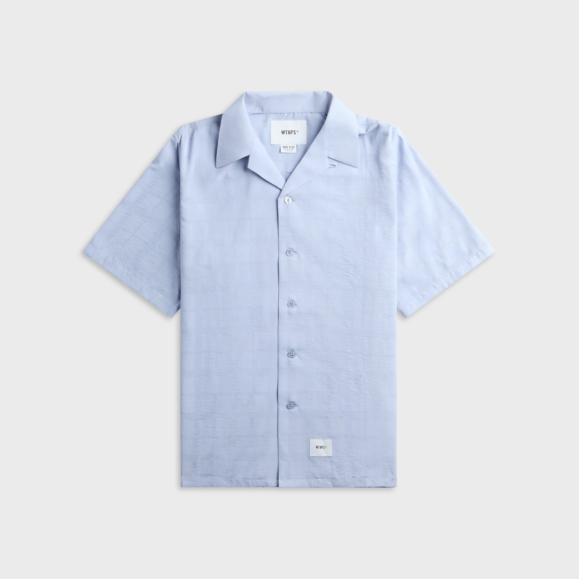 WTAPS Frio 03 light blue poly dobby short sleeve camp-collar shirt, front view, flat lay