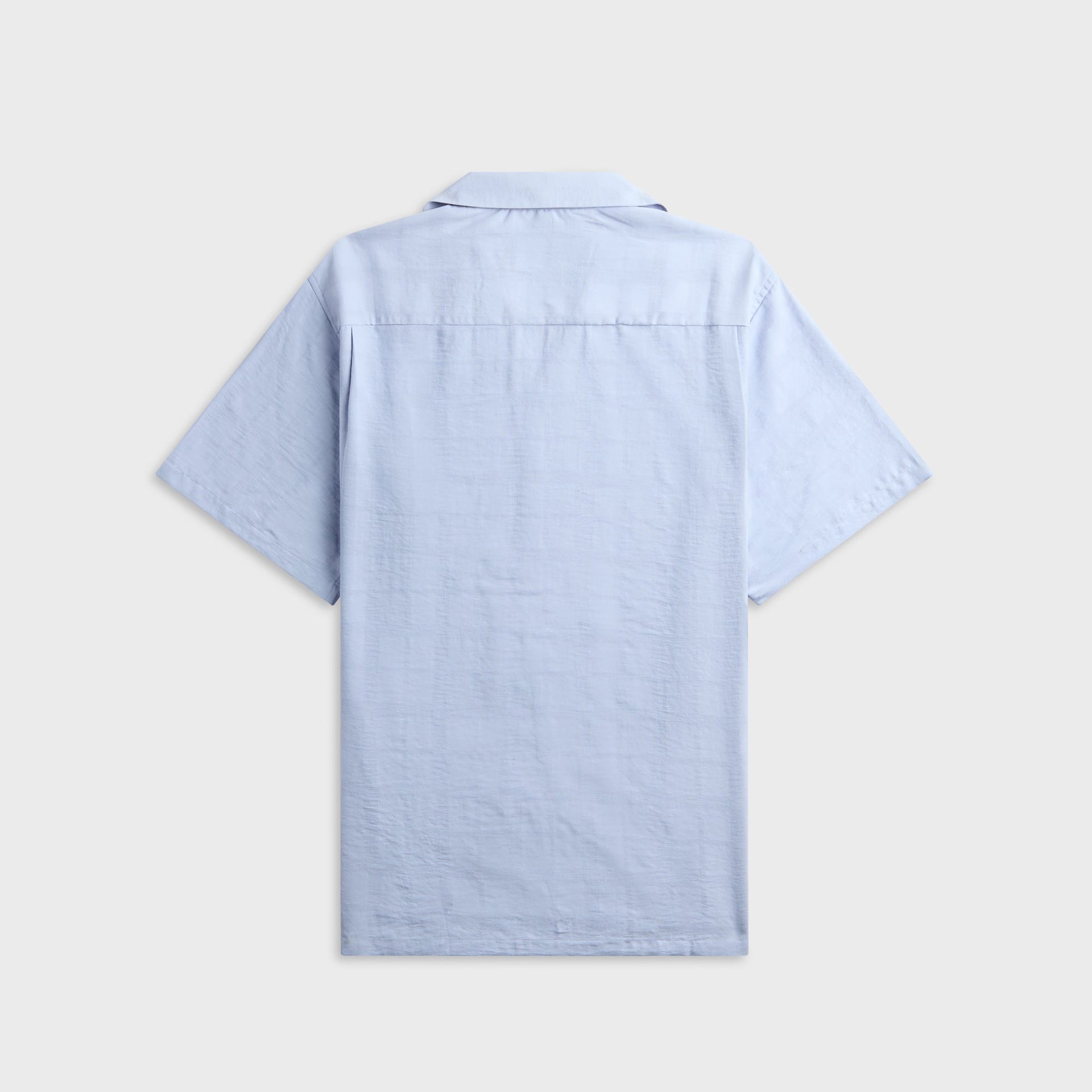 WTAPS Frio 03 light blue poly dobby short sleeve shirt, back view, flat lay
