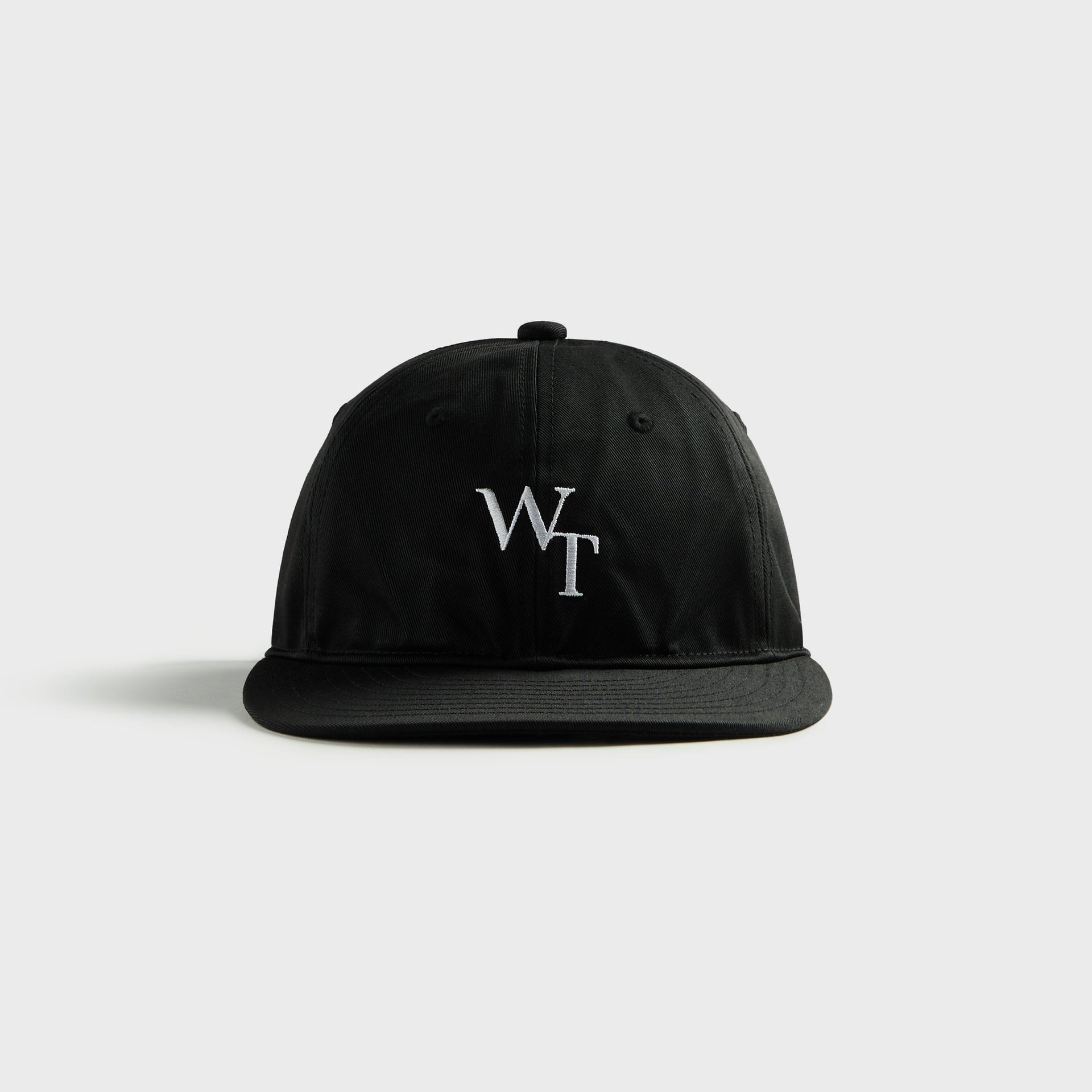 WTAPS T-6M 03 black ctpl twill cap with embroidered 'WT' logo on crown, front view