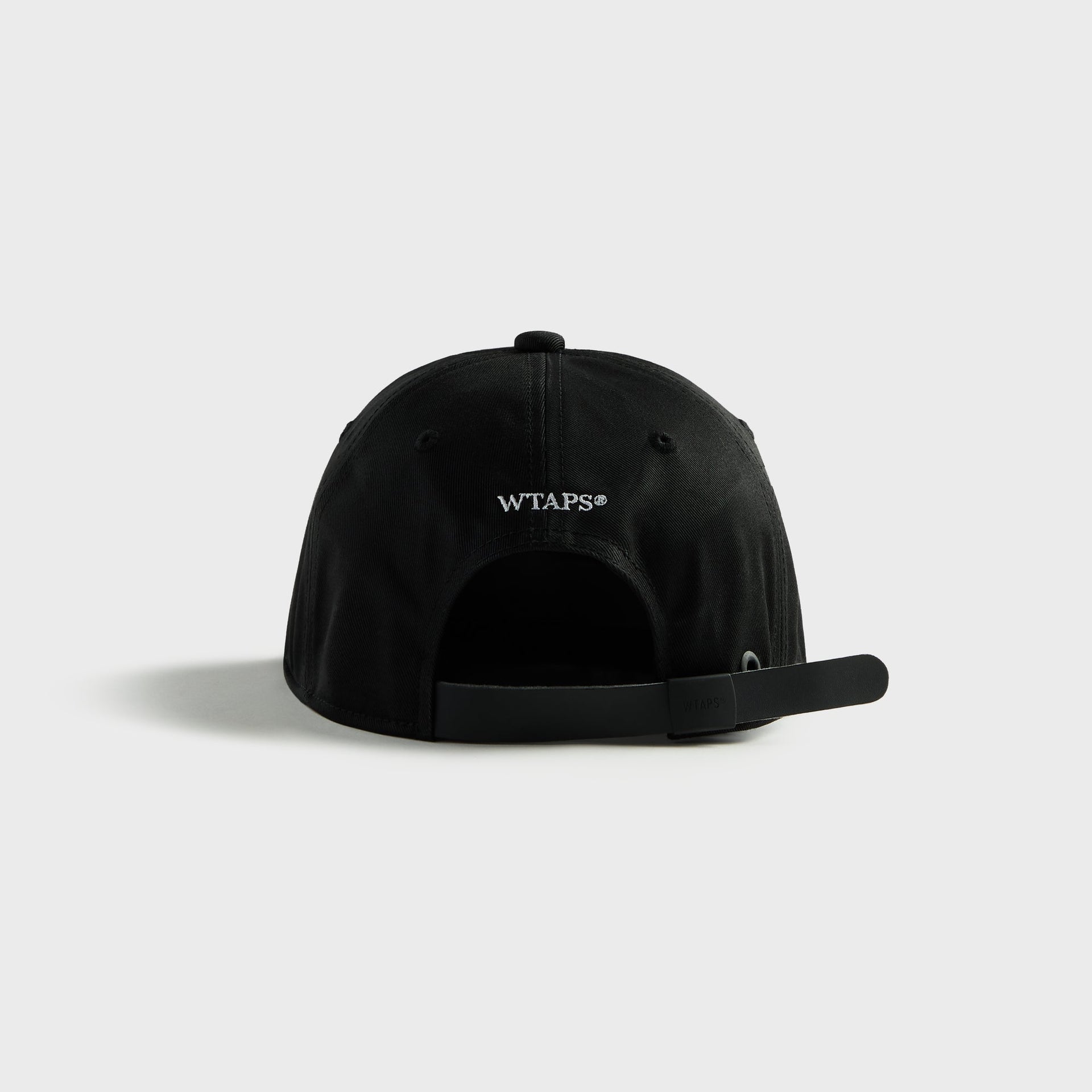 WTAPS T-6M 03 black ctpl twill cap, back view showing adjustable strap with logo buckle