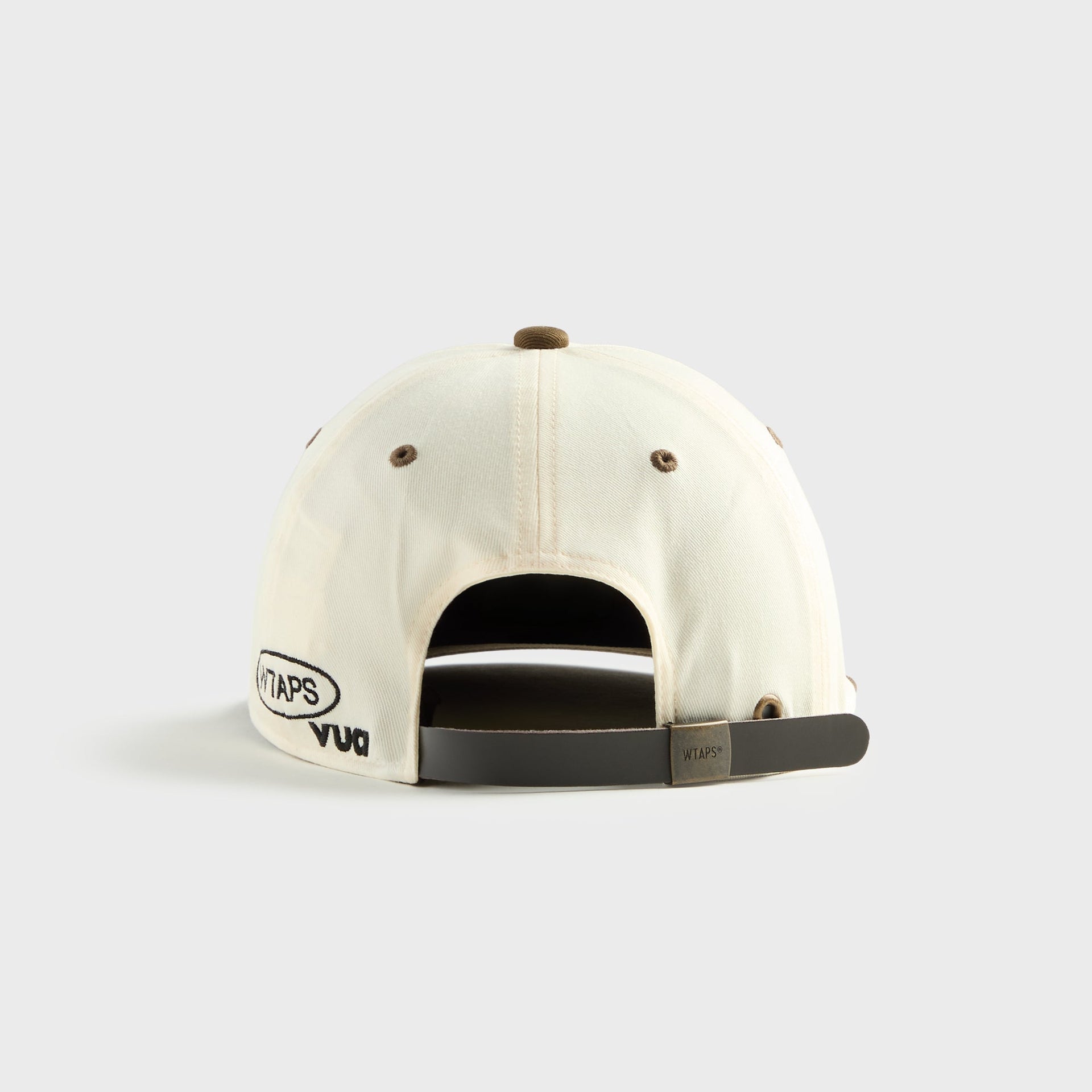 WTAPS T-6M 05 cream and brown Cordura cap, back view with embroidered 'WTAPS vua' logo and adjustable strap