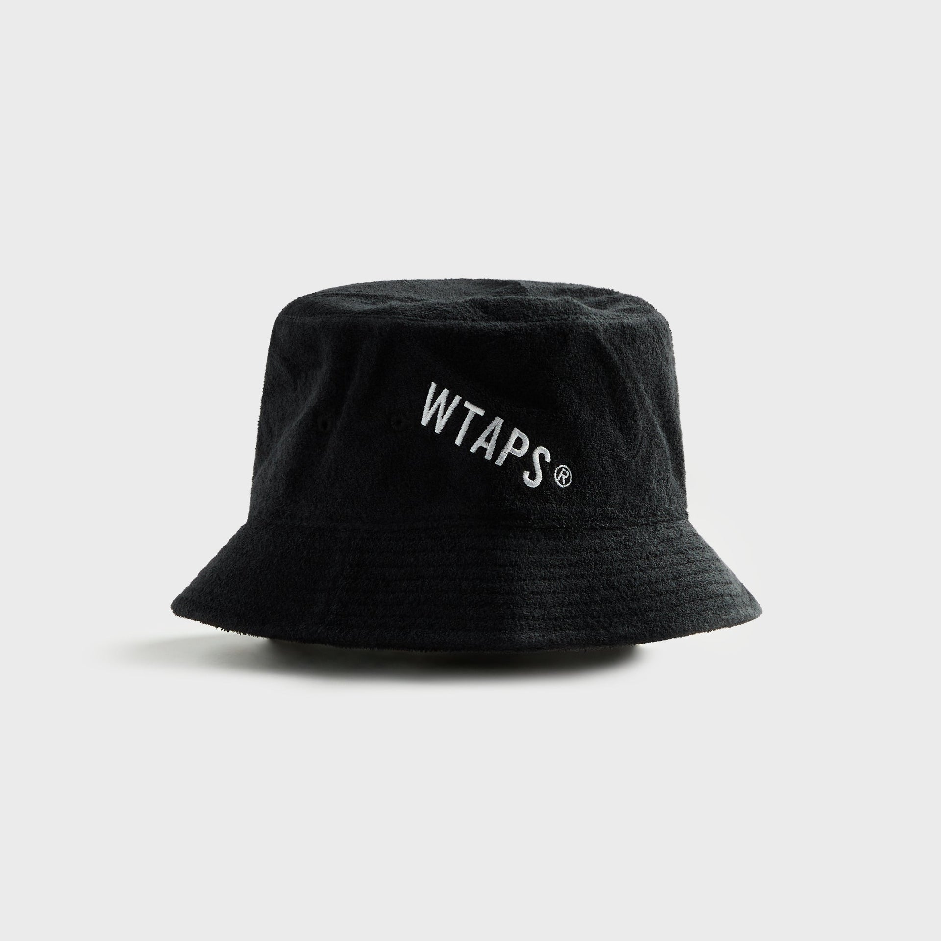 WTAPS 03 black cotton pile bucket hat with embroidered logo, front view