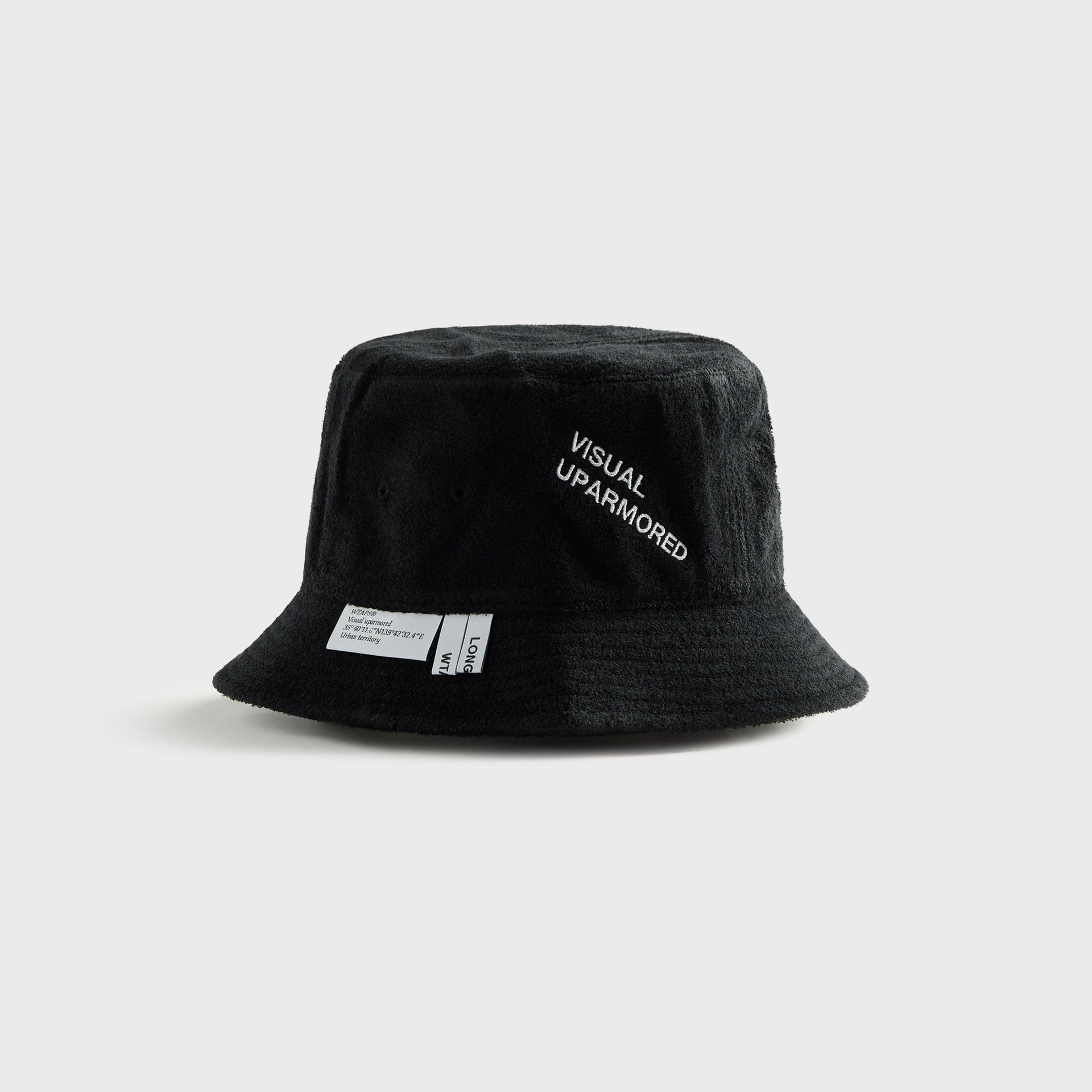 WTAPS 03 black cotton pile bucket hat with 'Visual Uparmored' embroidered graphic, angled view