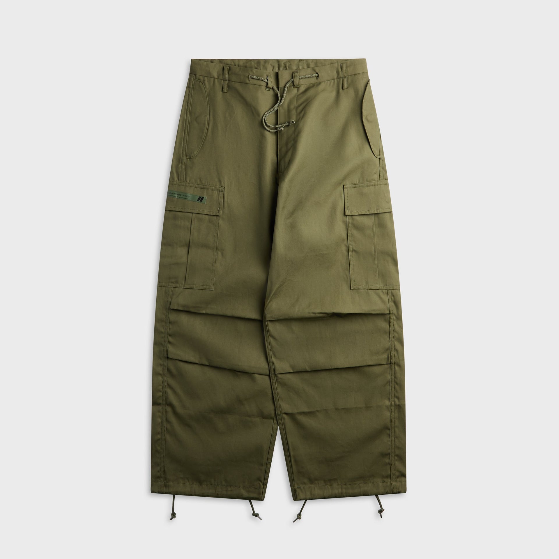 WTAPS MILT0001 olive drab cotton canvas trouser with drawstring cargo pockets, front view, flat lay