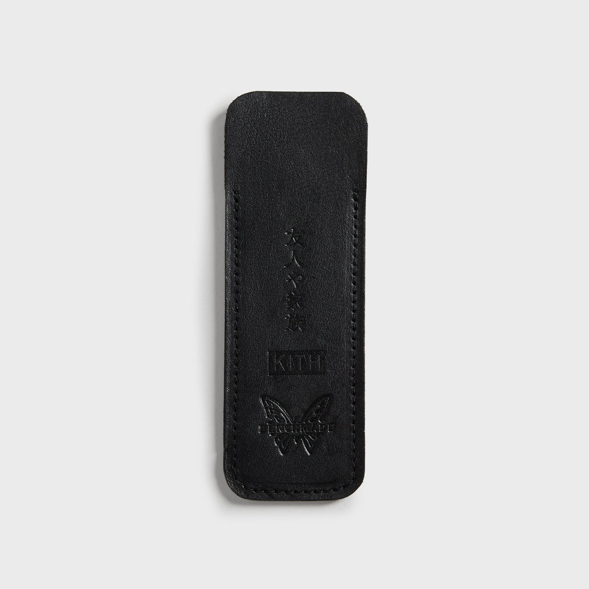 Black leather sheath for the Kith x Benchmade Yamori knife, debossed with kanji, KITH box logo and Benchmade butterfly emblem