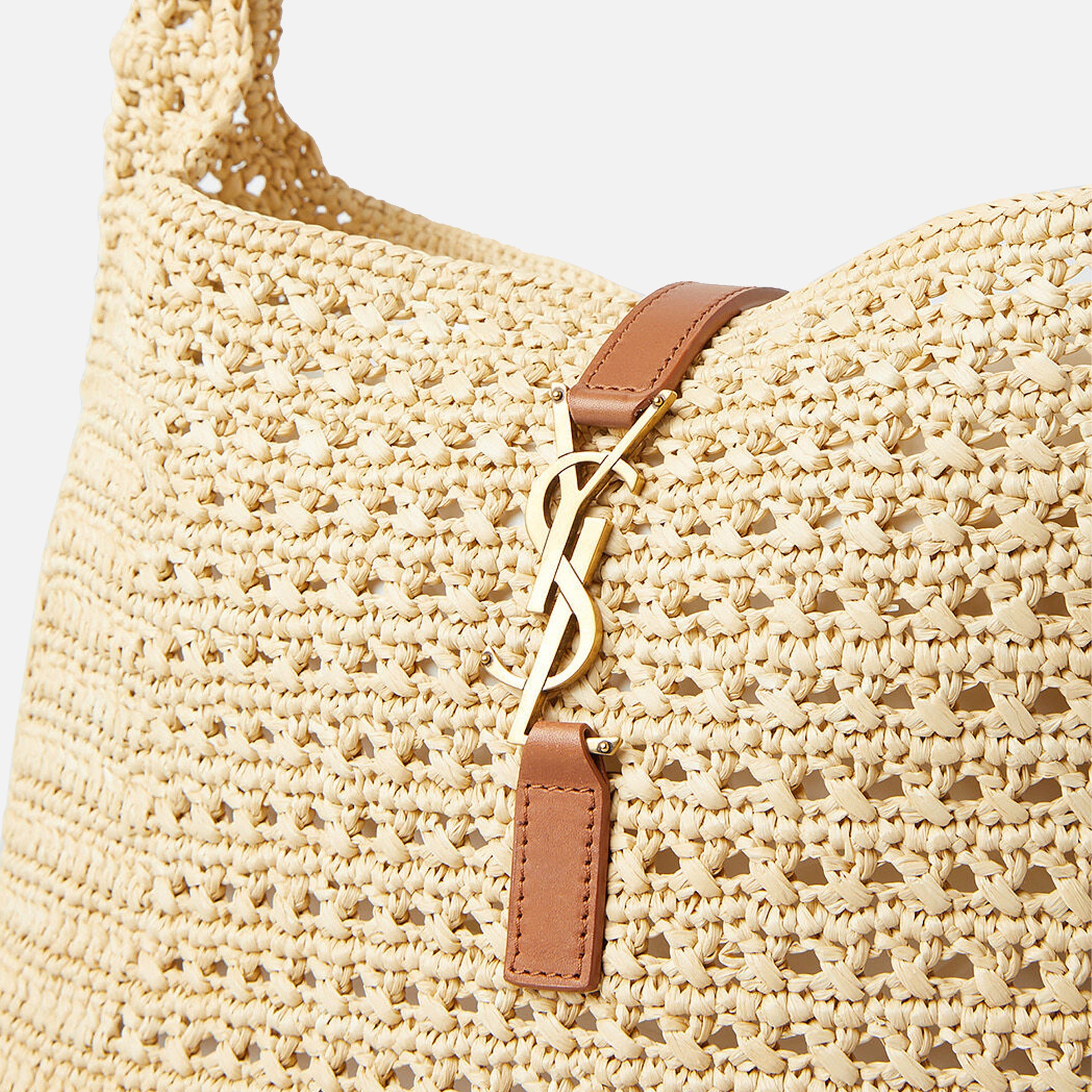 Saint Laurent YSL Fantaisie Raffia Crochet Hobo - Natural