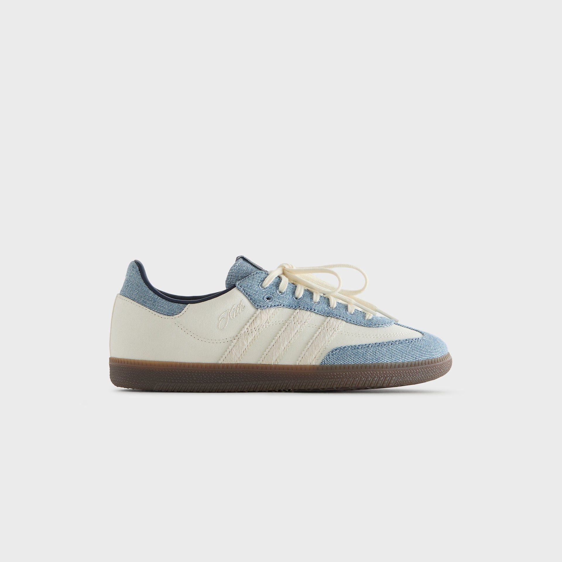Kith for adidas Originals Samba "Denim" sneaker in white canvas and light denim, side profile view