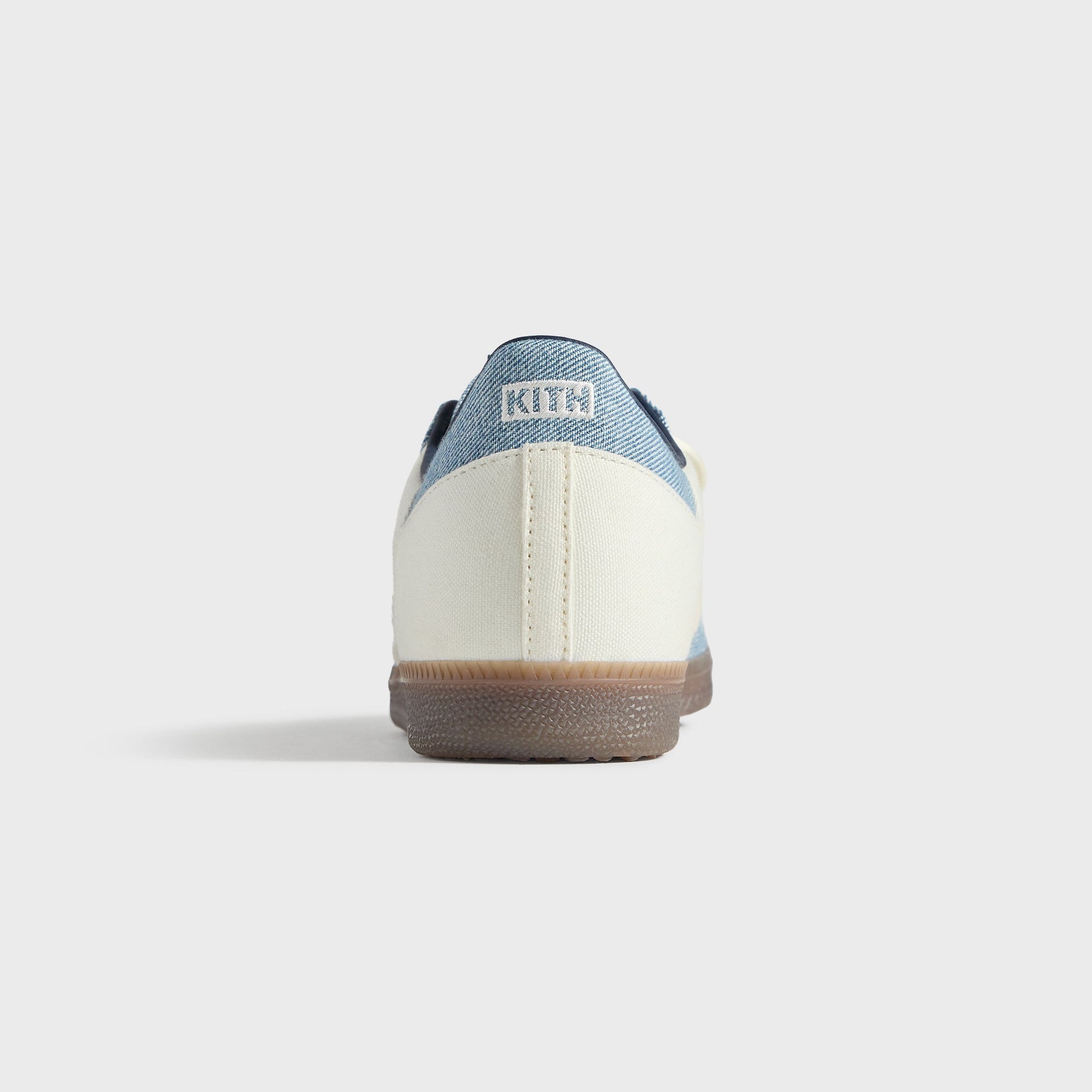 Close-up of the heel on the Kith for adidas Originals Samba Denim/White, showing the denim collar with an embroidered Kith pull tab