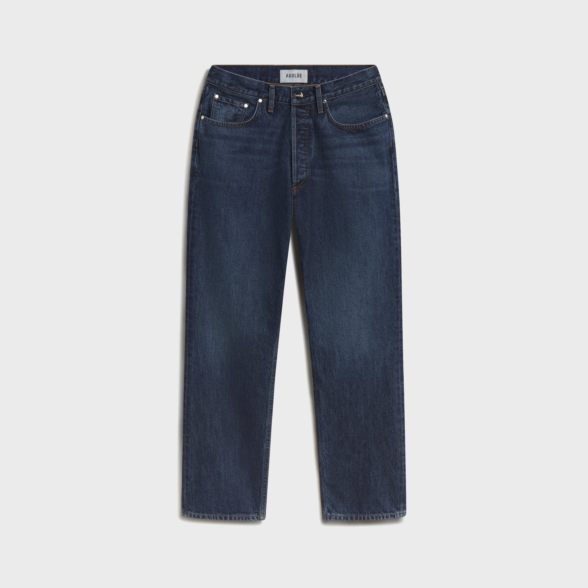 Agolde Lana wide-leg jeans in Covell dark indigo wash, front view, flat lay
