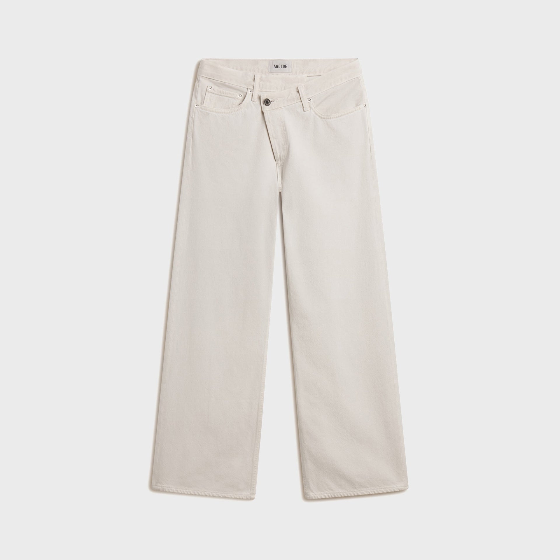 Agolde bone wide-leg jeans with crisscross waistband detail, front view, flat lay