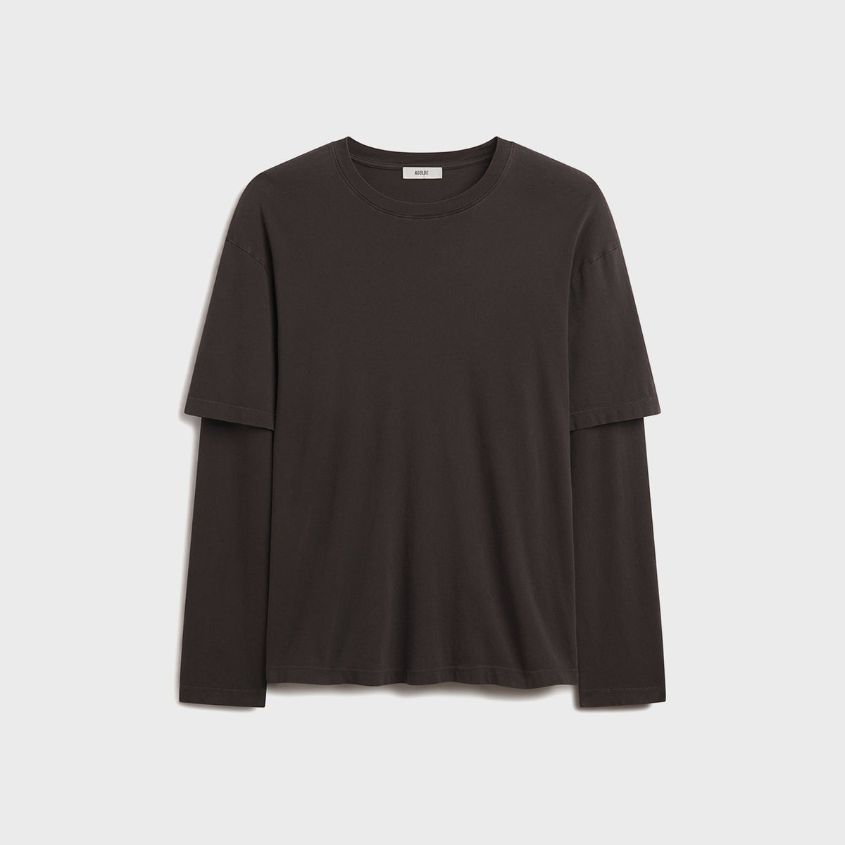 Agolde Lois Tee in Forge, dark brown long sleeve tee with layered cuff detail