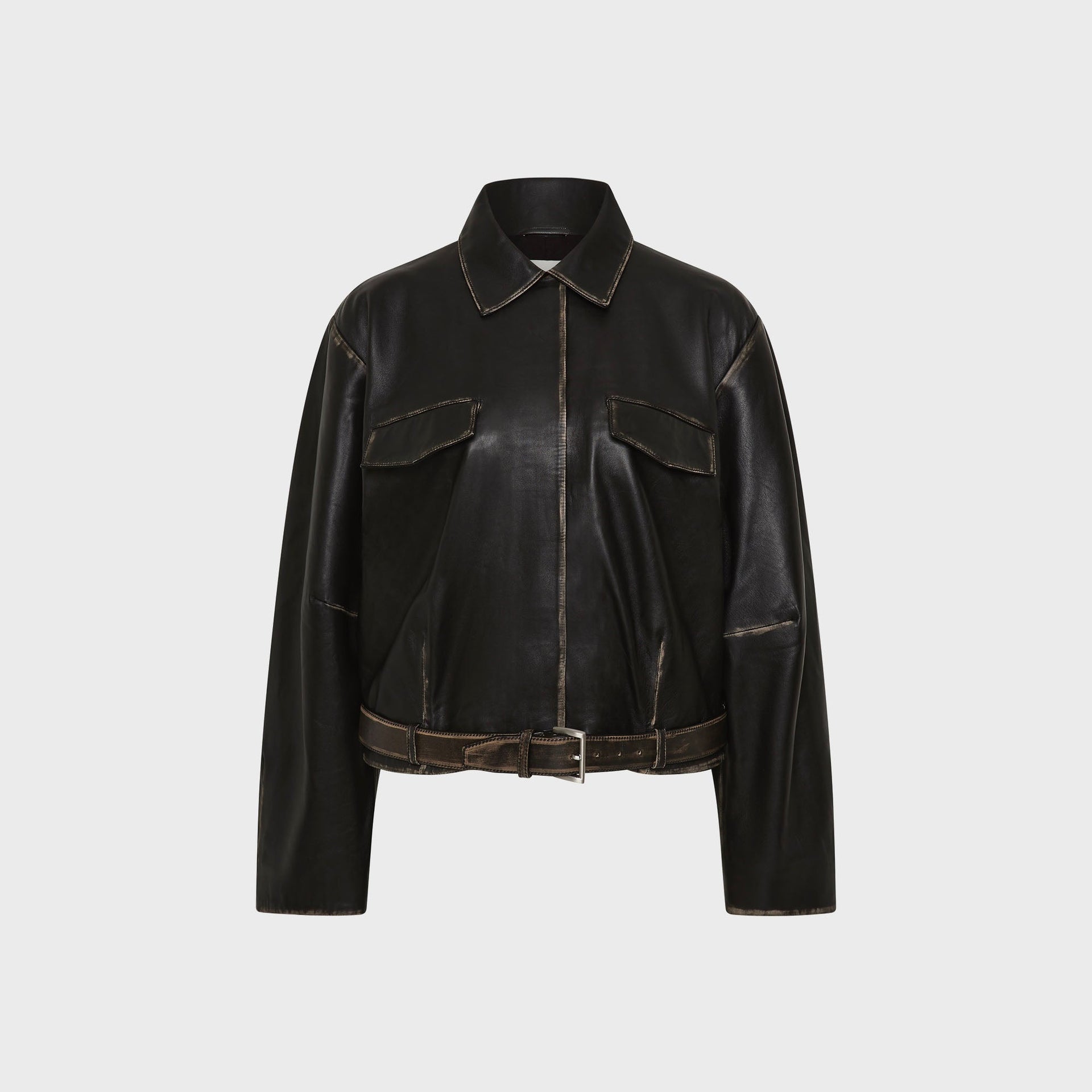 St.Agni Brushed Leather Belted Jacket - Black