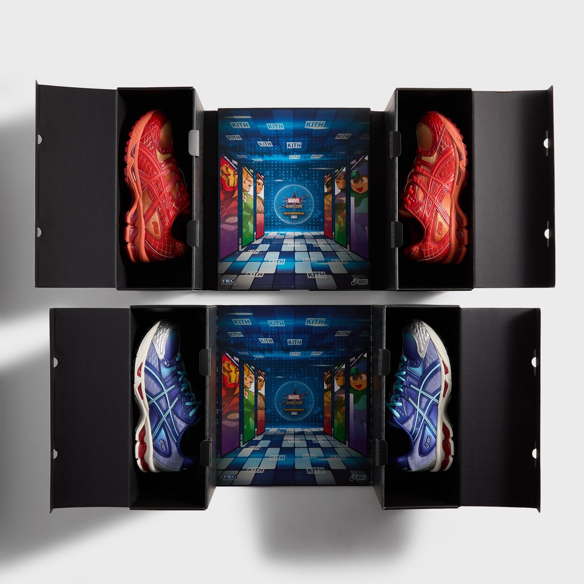 Marvel vs. Capcom | Kith for ASICS Gel-Nimbus 10.1 Iron Man vs. Mega Man Double Box - Italian Straw / Molten Lava / Mazarine Blue - PH