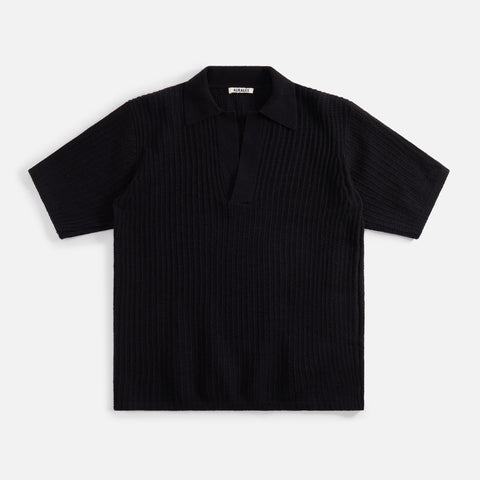 Auralee Brushed Cotton Wool Rib Knit Skipper Polo - Black