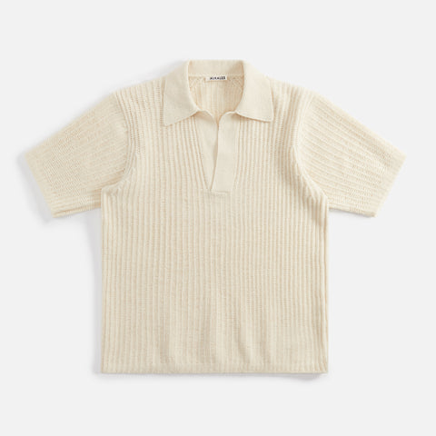 Auralee Brushed Cotton Wool Rib Knit Skipper Polo - White