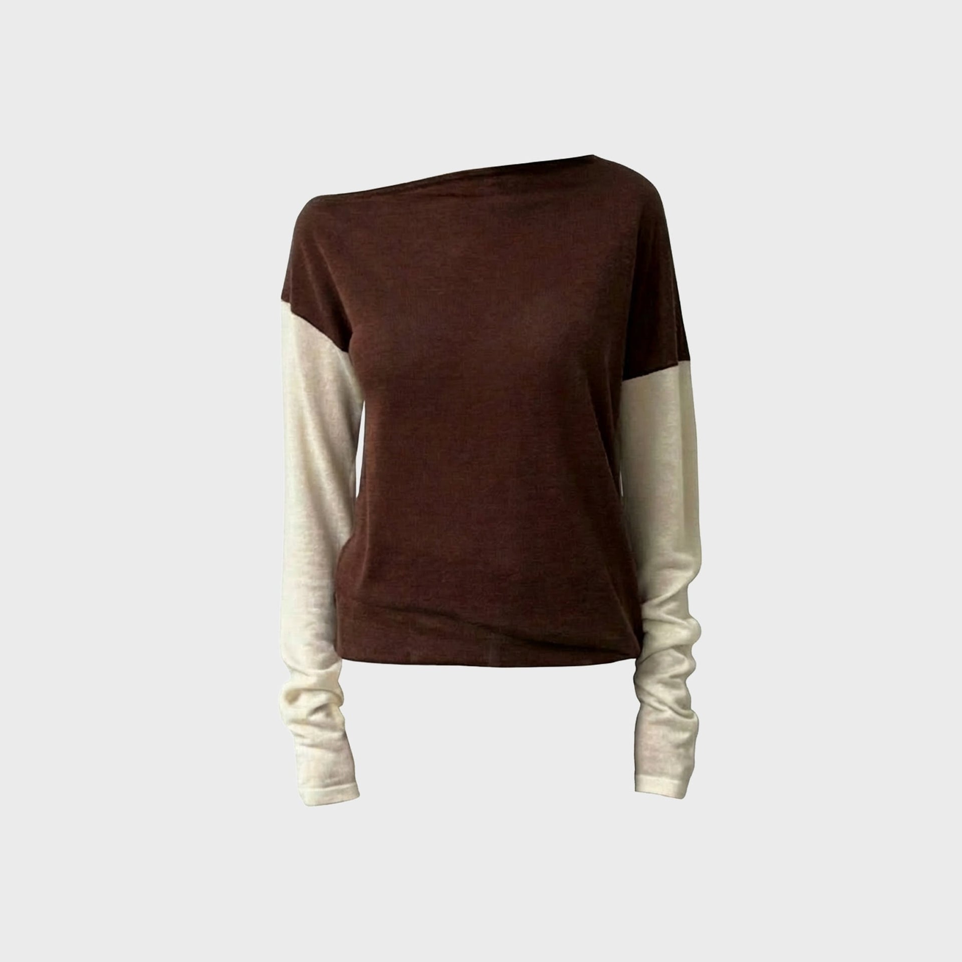 Aya Muse Mirae knit top, pecan brown boat-neck body with cream long sleeves, front flat-lay