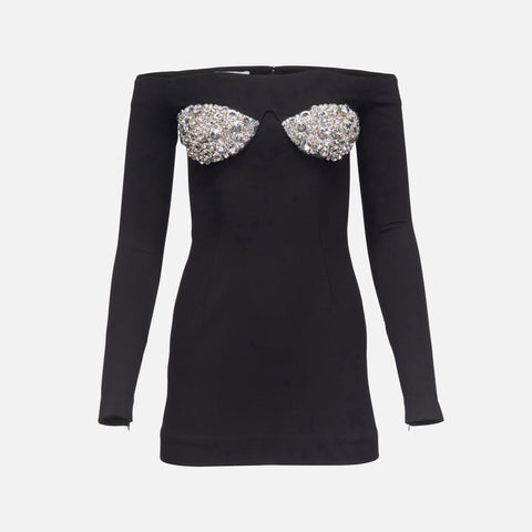 Area Off-Shoulder Crystal Cut Mini Dress - Black