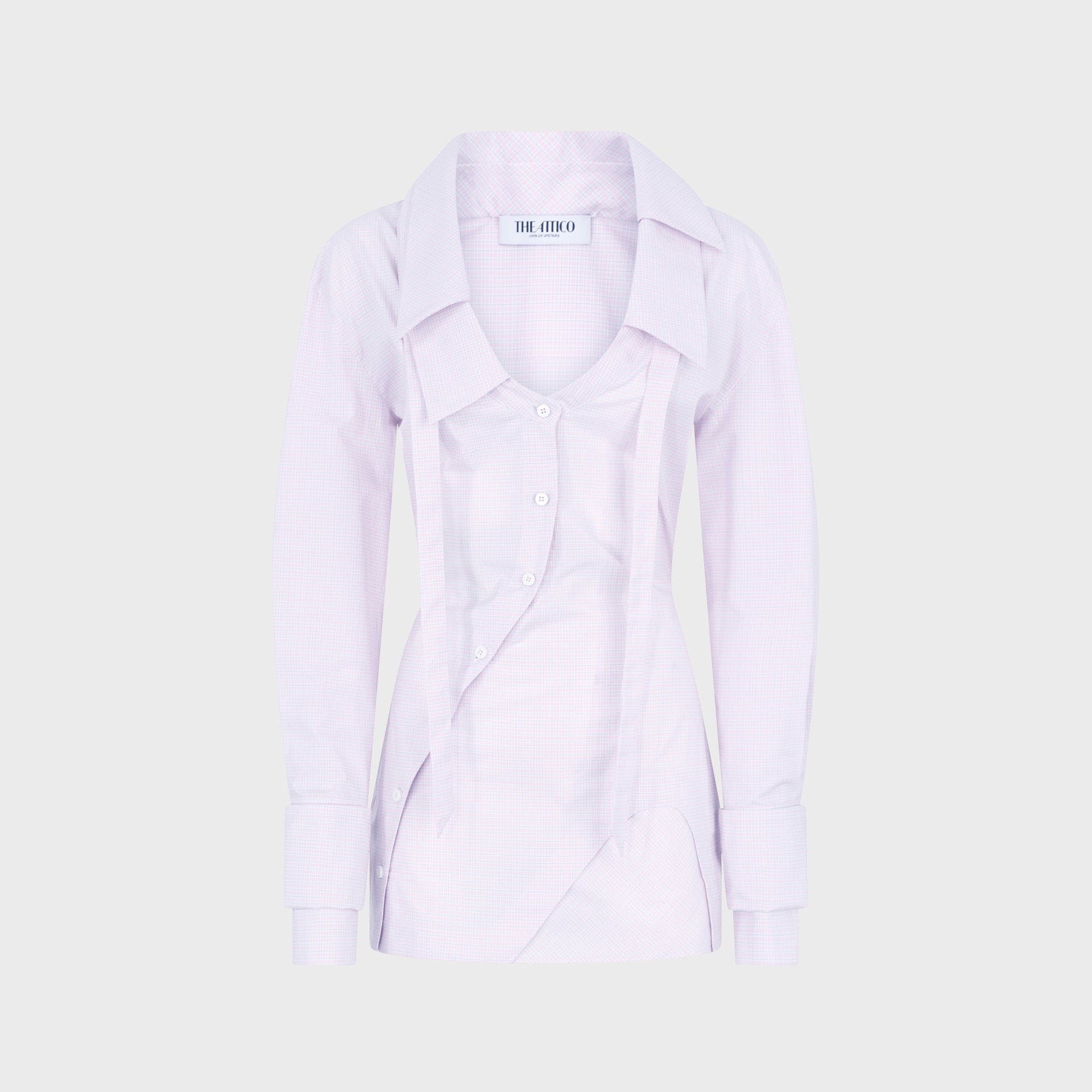 The Attico mini dress in white and pink check, asymmetric wrap-front shirt dress, flat lay