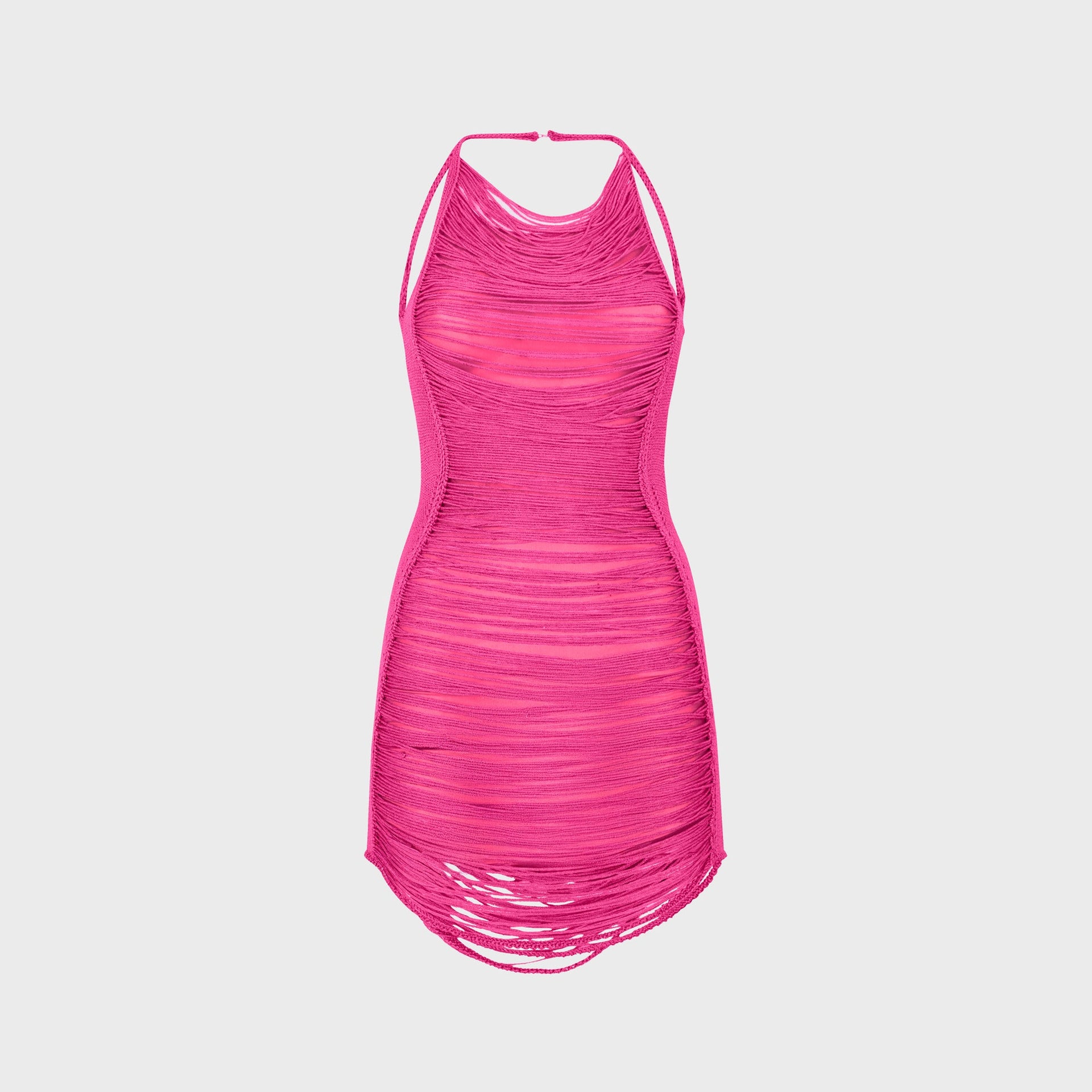 The Attico mini dress in pink, fringed halter-neck knit dress, front view
